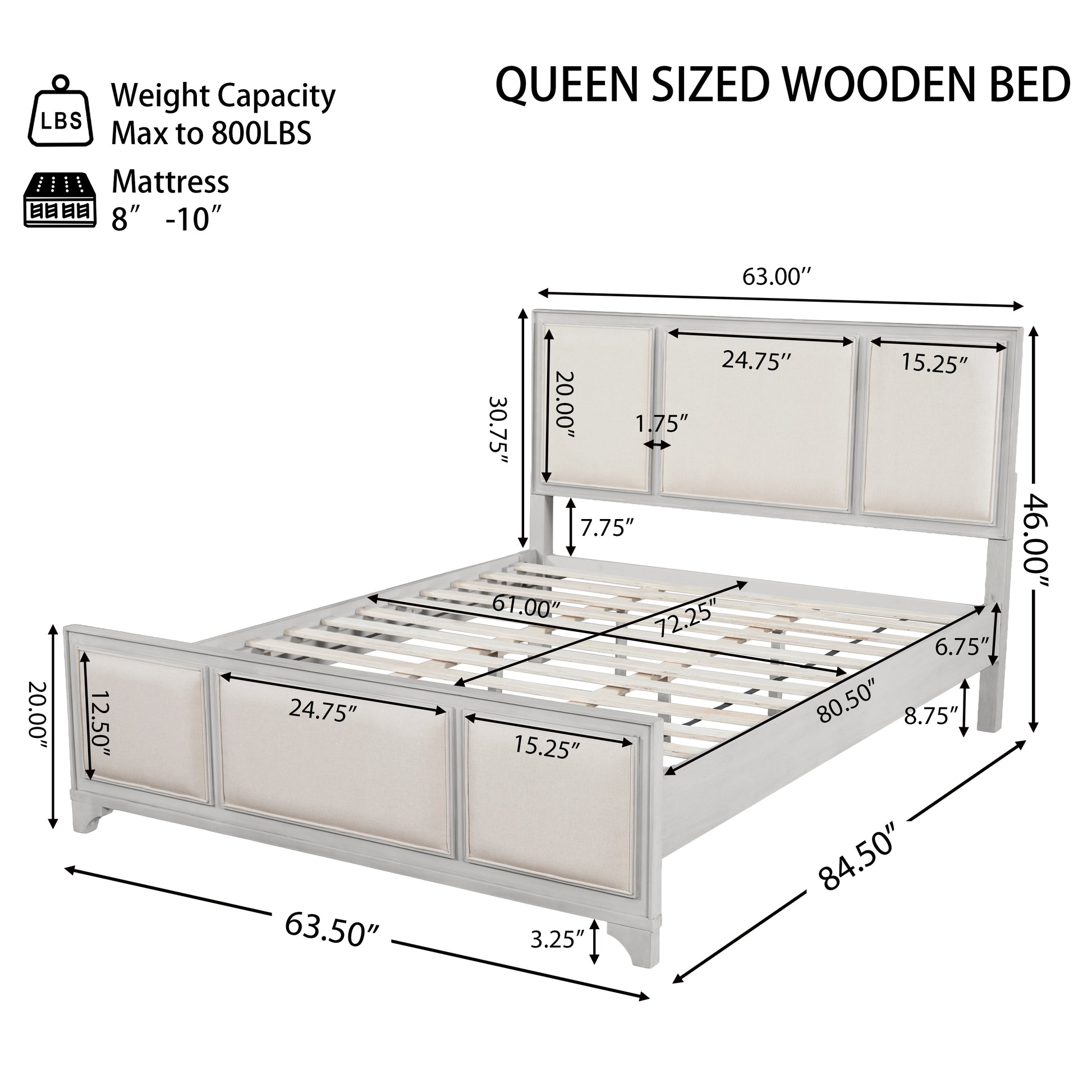 Queen Size Wooden Bed Frame with Upholstered Headboard, White Wood & Beige Fabric, Solid Wood Platform, Modern Farmhouse Style image 2