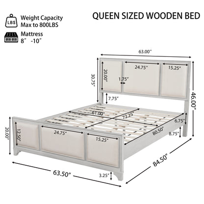 Queen Size Wooden Bed Frame with Upholstered Headboard, White Wood & Beige Fabric, Solid Wood Platform, Modern Farmhouse Style image 2