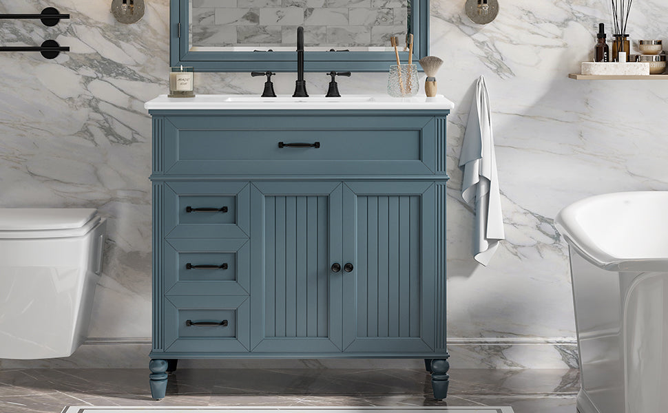 [Video] 36" Bathroom Vanity with Sink, Bathroom Cabinet with Drawers, Solid Frame and MDF Board, Two Packages, Gray Blue (Same SKU: N725P195410C/N759P340019C) image 11