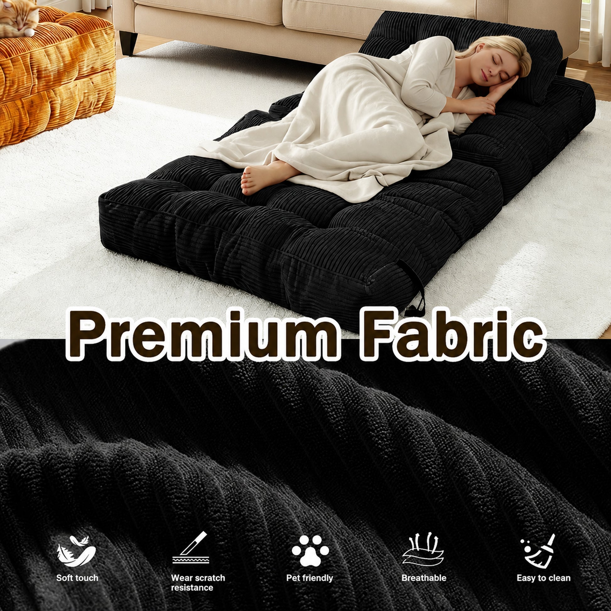 Folding single chair, adjustable and convertible sofa bed, comfortable fluffy lazy sofa in living room, bedroom, apartment, dormitory, black. image 3
