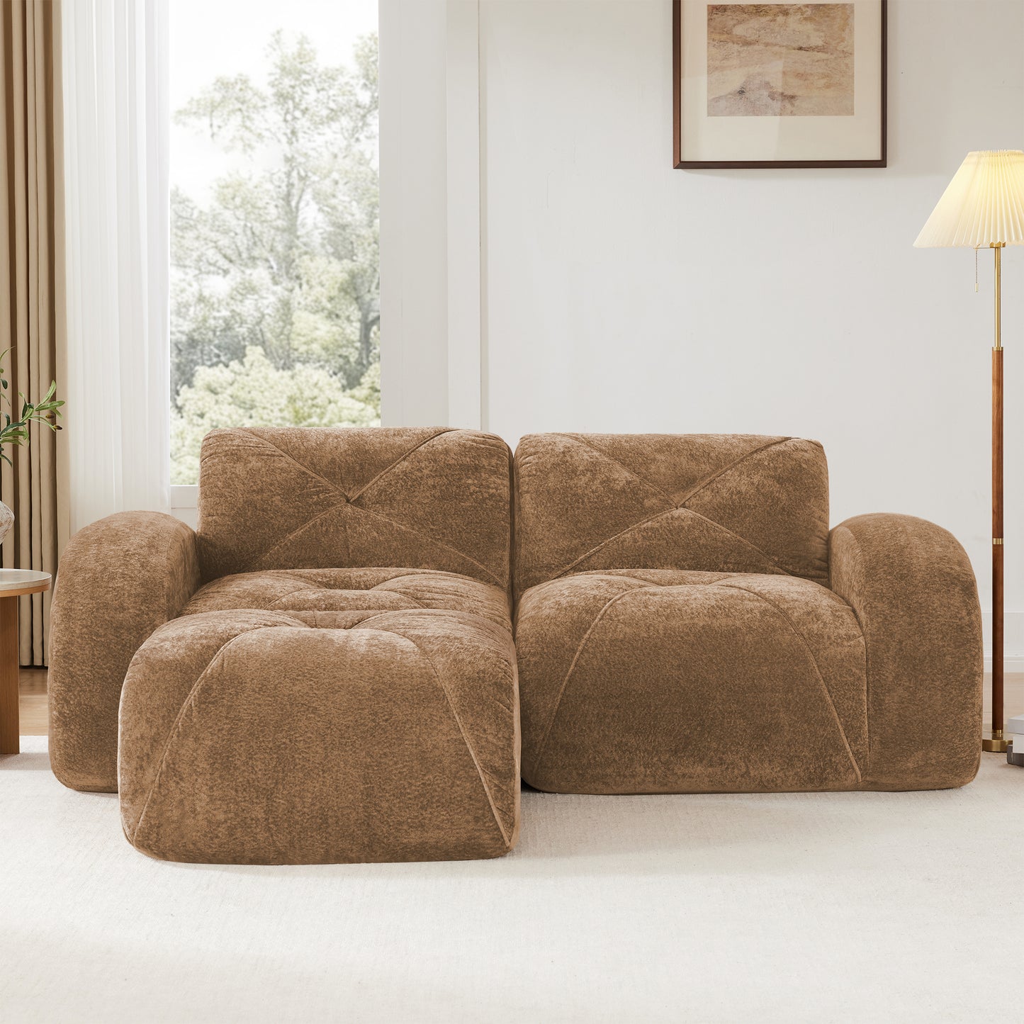 L-Shaped Boneless Sofa,Soft Velvet Fabric,Tufted Design,32D High Density Sponge,No Assembly Required,Ergonomic Design Bottom, Anti-Slip Design,Movable Ottoman for Bedrooms,Camel image 3
