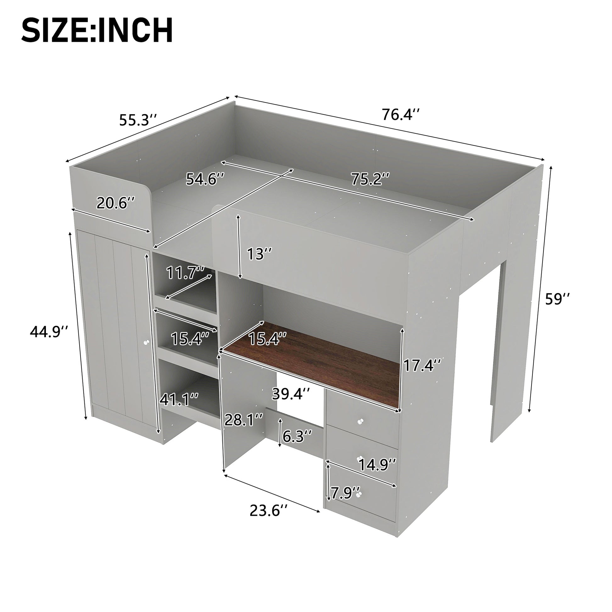 Wood Full Size Loft Bed with Built-in Wardrobe, Desk, Storage Shelves and Drawers, Grey image 8