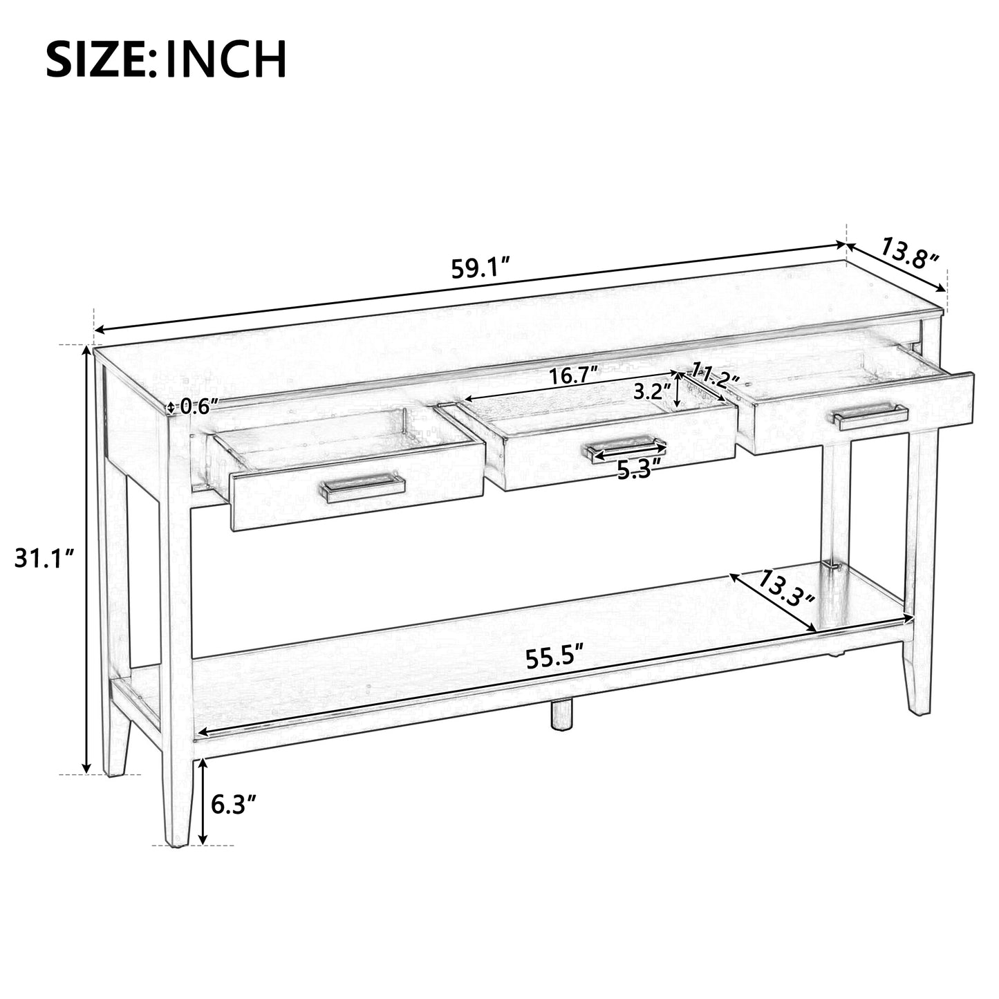 U_STYLE 59.1'' Farmhouse Entryway Table with 3 Drawers, Painted Console Table with Bottom Shelf & Iron Handles, Minimalist Sofa Table for Living Room, Hallway, Kitchen, Bedroom, Office image 9