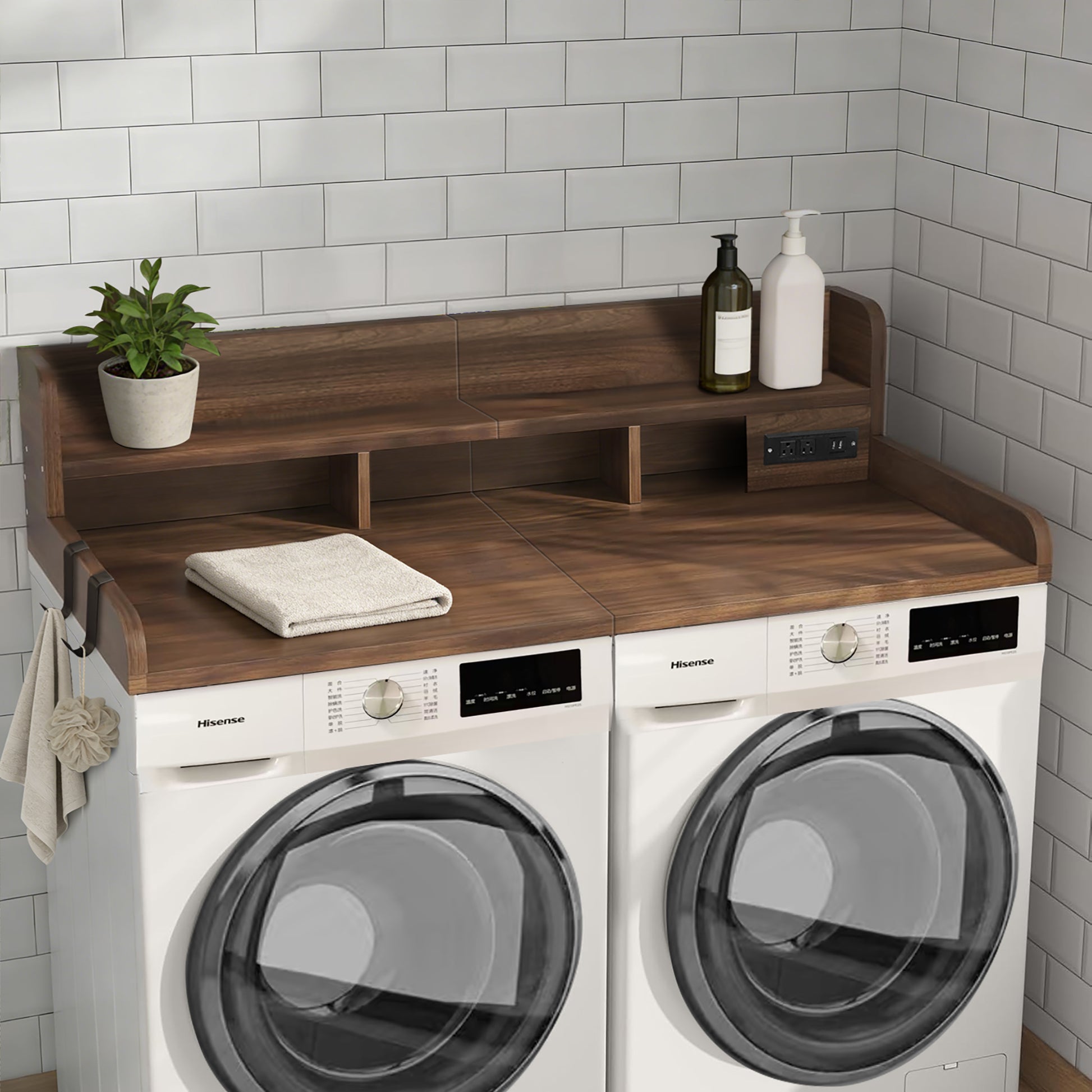 2-Tier Washer and Dryer Countertop with Power Outlet, 54" W x 27.5" D Large Laundry Countertop for Fold Clothes, Laundry Topper with Non-Slip Pads & Hooks and Storage Basket (Walnut Color) image 1