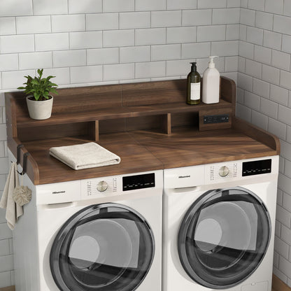 2-Tier Washer and Dryer Countertop with Power Outlet, 54" W x 27.5" D Large Laundry Countertop for Fold Clothes, Laundry Topper with Non-Slip Pads & Hooks and Storage Basket (Walnut Color) image 1