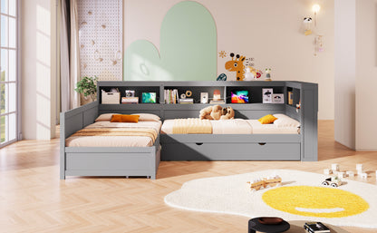 Wood Twin Size L-shaped Platform Bed with Trundle and a Drawer, Grey(Old SKU:N7090001045E) image 6