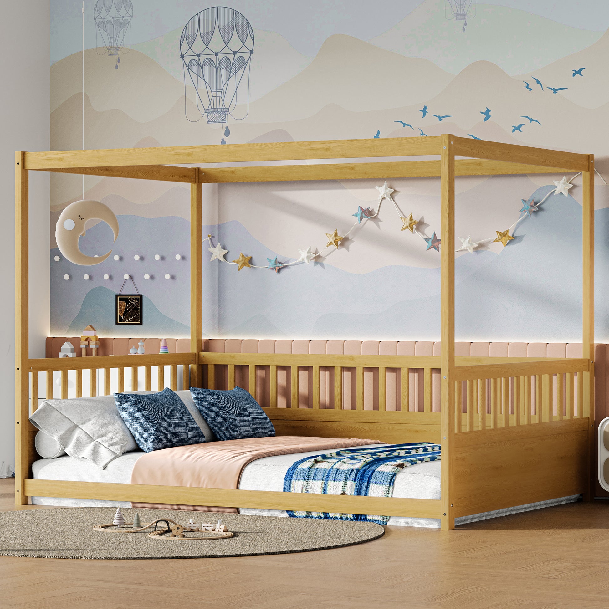Full Size Canopy Bed Frame with Guardrails for Kids,Floor Bed Full with Four Poster Design,Kids Montessori Floor Bed,Wood Canopy Bed Frame for Girls,Boys(Full,Natural) image 3
