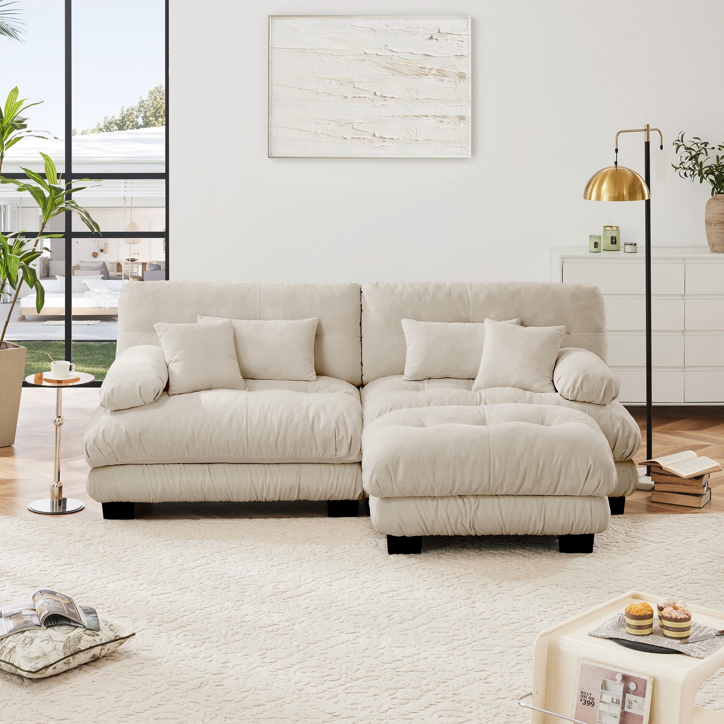 Cloud Couch Sectional Sofa for Living Room, Chenille 2 Seater Sofa with 2 Lumbar pillows and 2 throw pillows, Upholstered Wide Arm Sofa with Convertible Ottoman,Chenille Light coffee image 3