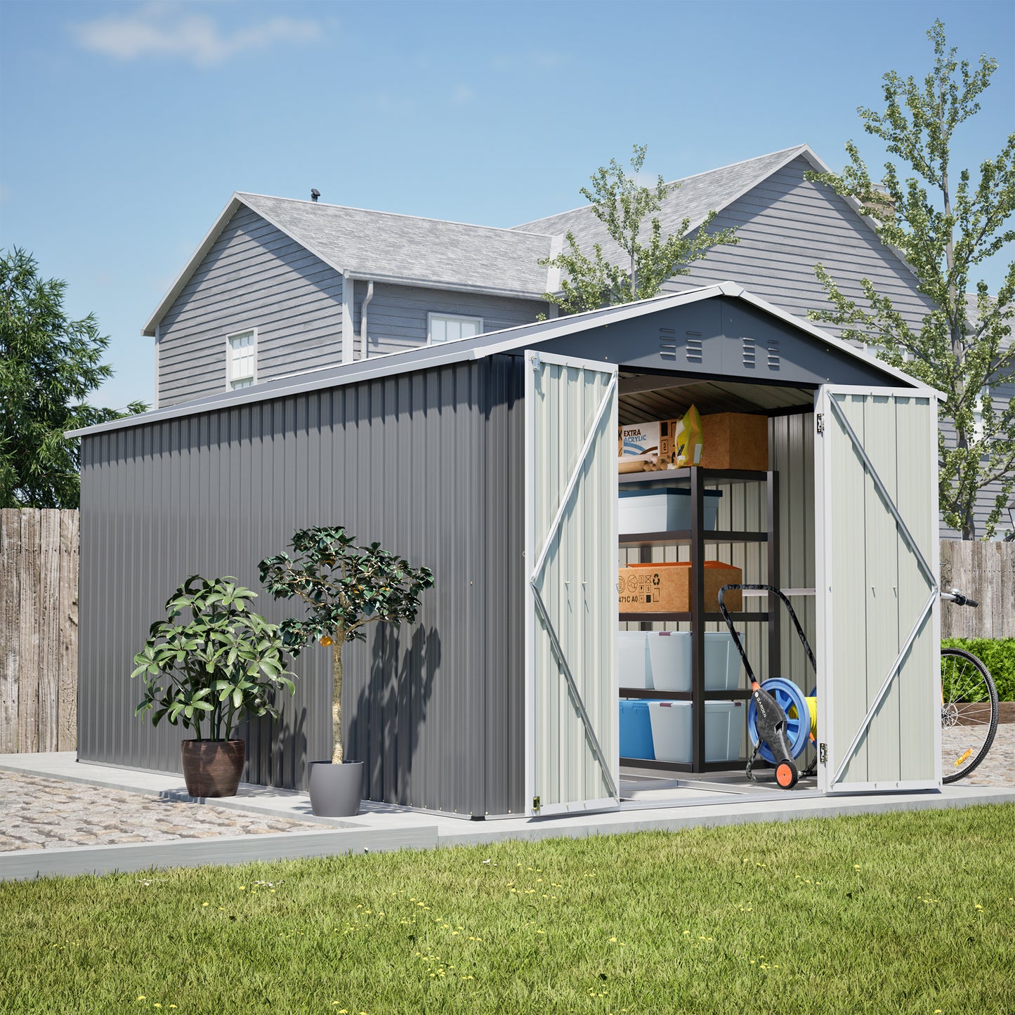 8 x 12 FT Outdoor Storage Shed, Large Metal Tool Storage with Aluminium Frame and Lockable Doors, Storage for Backyard Garden Patio Lawn, Grey image 1