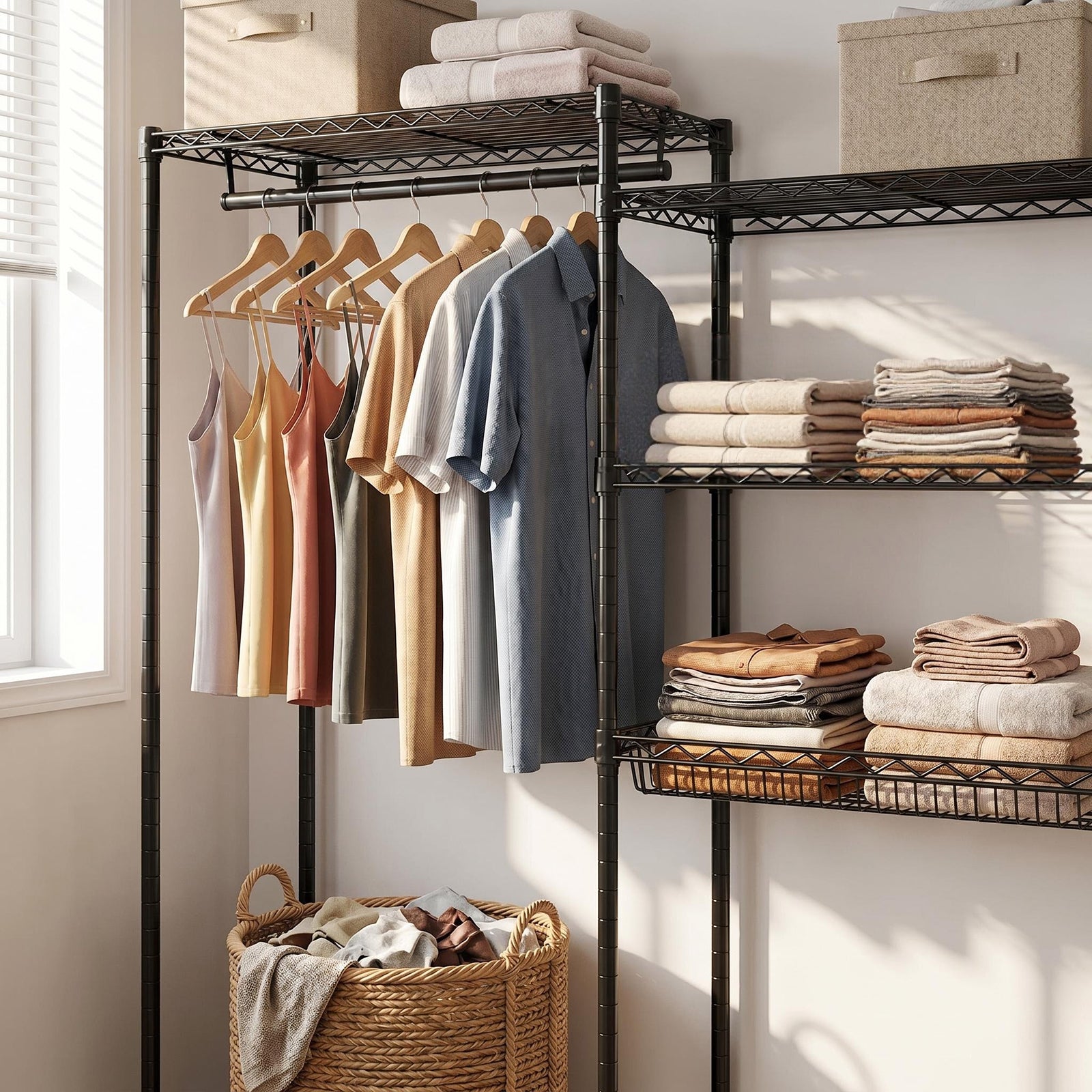 Over Washer and Dryer Shelves, 4 Tier Laundry Room Clothes Drying Rack Wire Basket & Rotating Side Hook, Heavy Duty Laundry Drying Rack, Space Saving and Adjustable Shelves, Black image 9