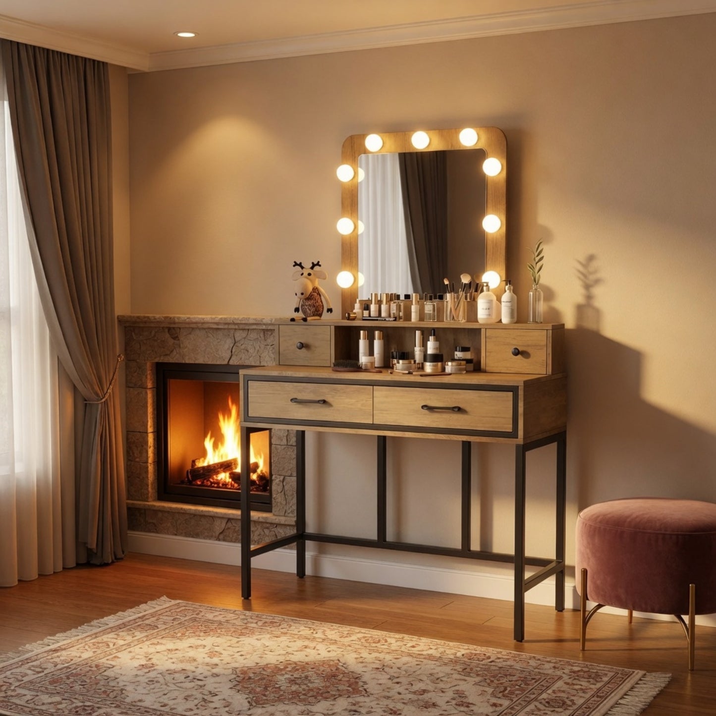 39.37" Brown Vanity Desk with 3-Color Lighted Mirror - Makeup Table with 4 Drawers image 6