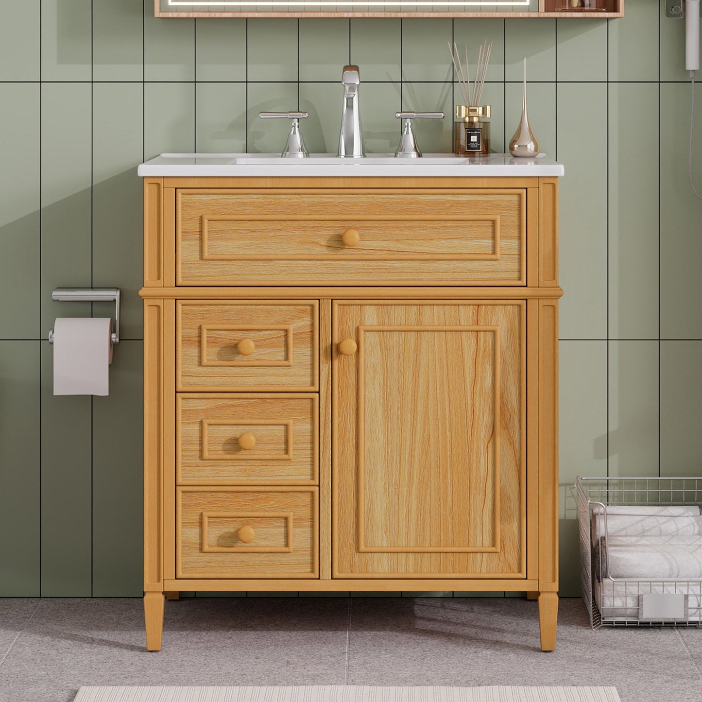 30" Bathroom Vanity with Sink, Wood Vanity Cabinet with Flip-Out Drawer, 2 Soft-Close Drawers, 1 Soft-Close Door, Solid Wood & MDF, Elegant Wood Handles image 4