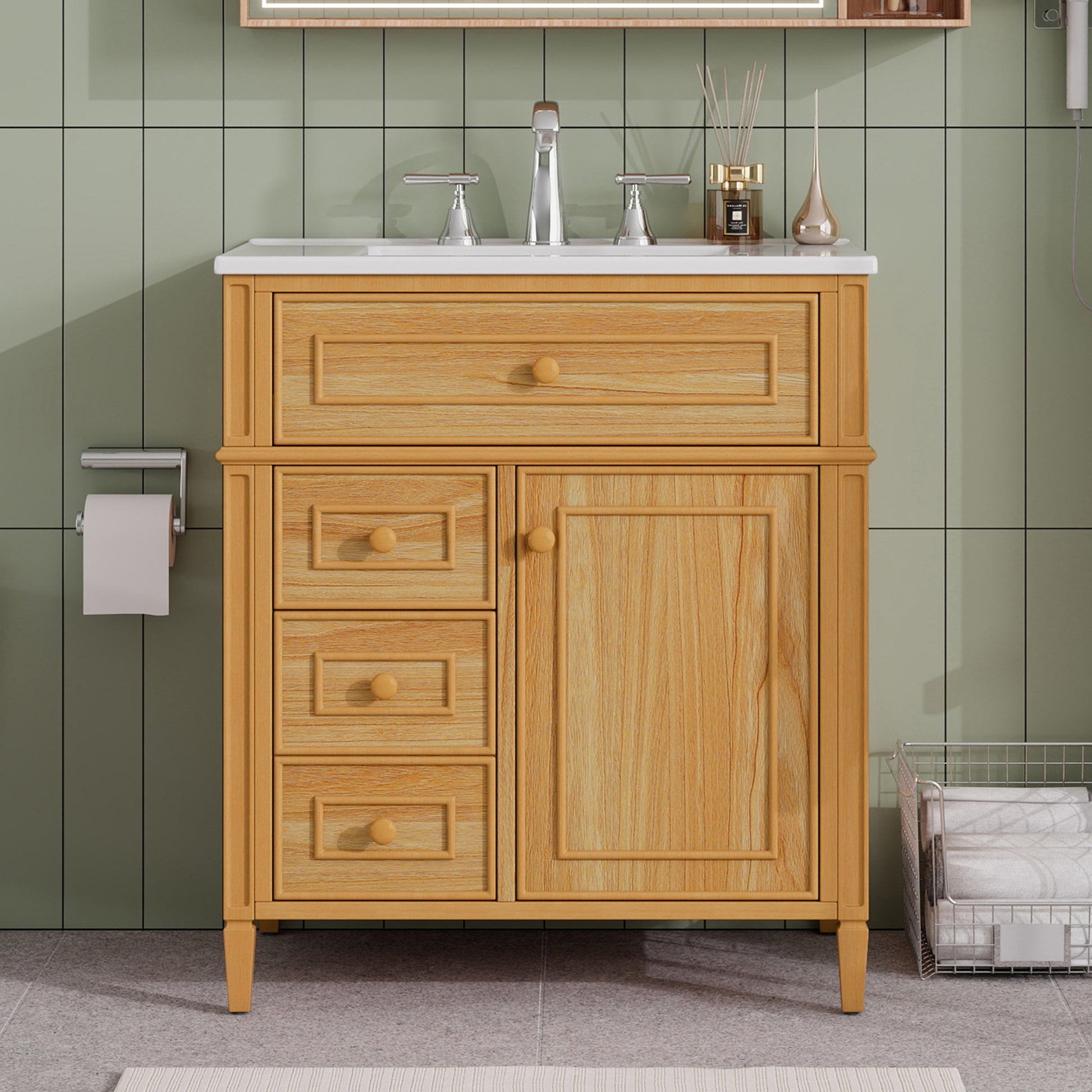 30" Bathroom Vanity with Sink, Wood Vanity Cabinet with Flip-Out Drawer, 2 Soft-Close Drawers, 1 Soft-Close Door, Solid Wood & MDF, Elegant Wood Handles image 4