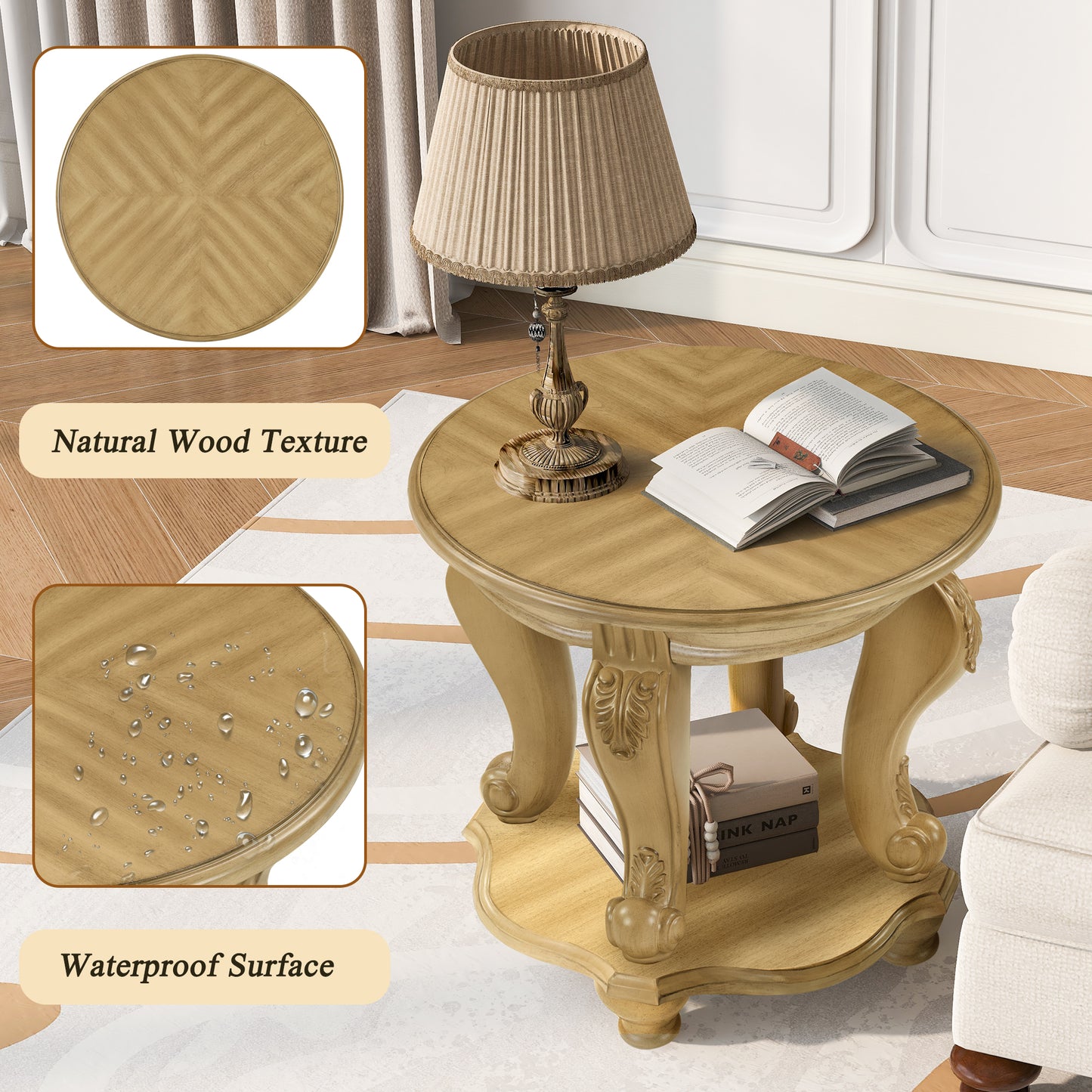 22'' Two Tone Round End Table,Solid Wood Sofa Side Table with Shelf,Living Room Corner Table Easy Assemble, Antique Natural image 6