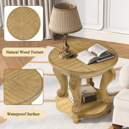 22'' Two Tone Round End Table,Solid Wood Sofa Side Table with Shelf,Living Room Corner Table Easy Assemble, Antique Natural image 6