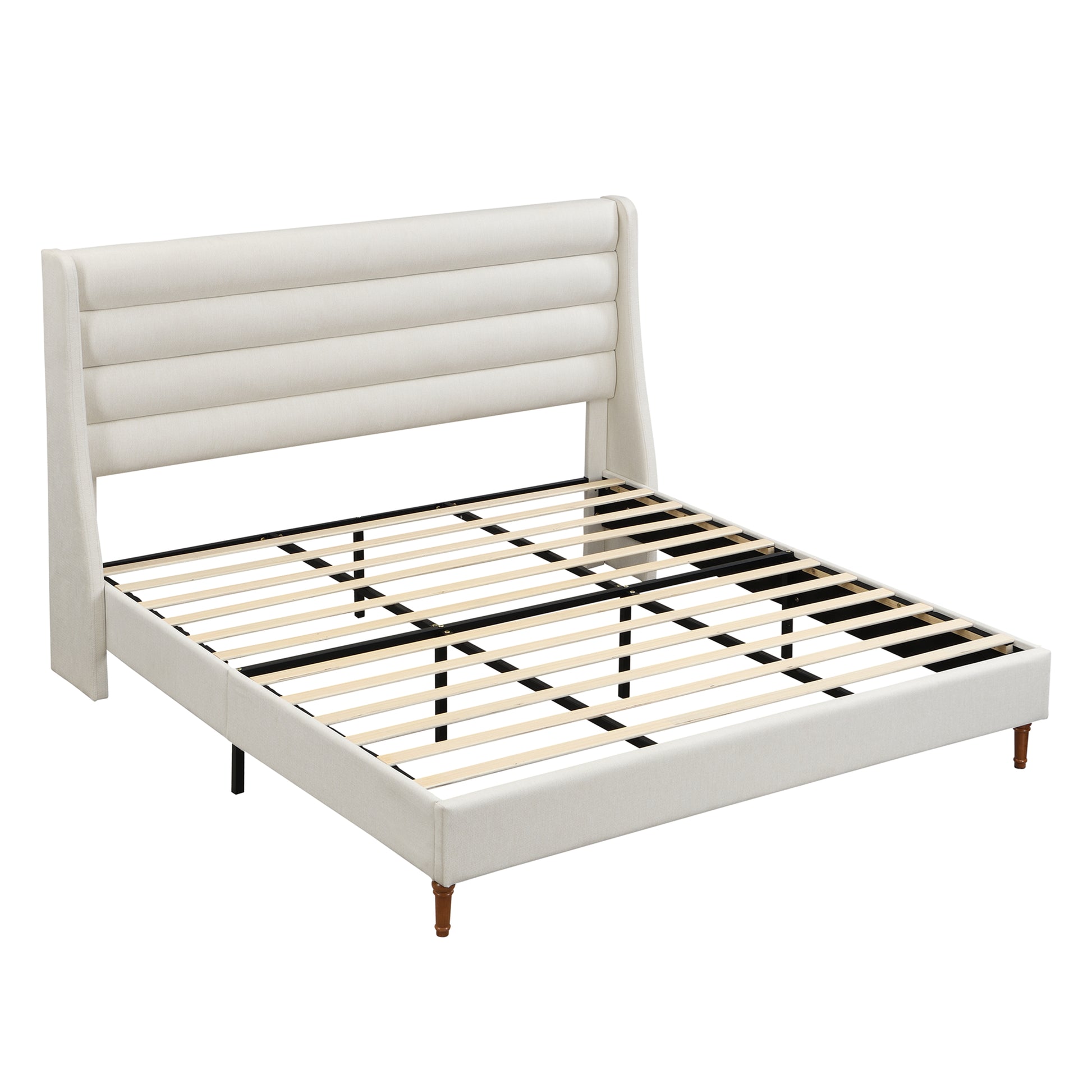 King Size Bed Frame High Headboard Upholstered Platform Bed with Wave - Shaped Headboard, Premium Chenille Fabric, Modern Minimalist Platform Bed No Box Spring Needed, Easy Assembly, Ivory image 12