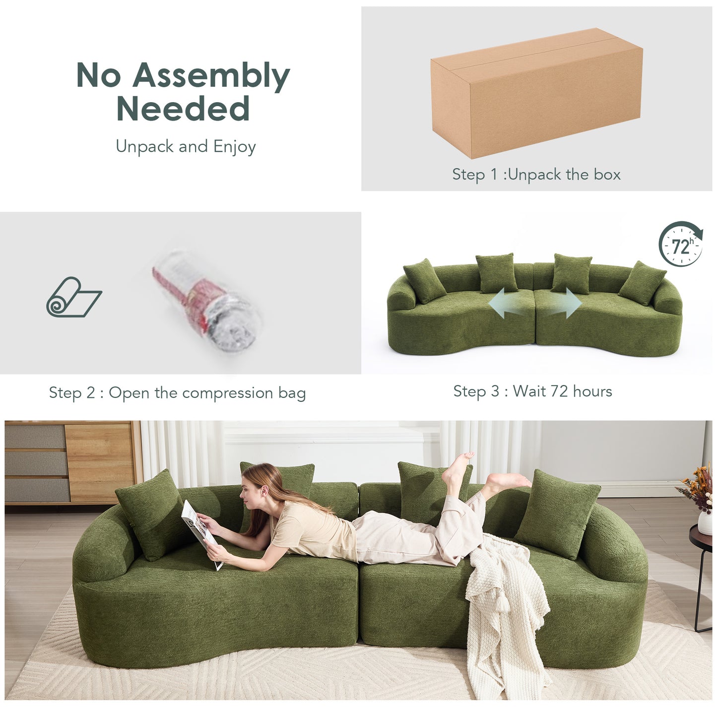 Curved Boneless Sofa,Compression Modular 110'' Sectional,Green High-Density,Couches Sleeper for Living Room Bedroom Apartment Lounge,Chenille image 4
