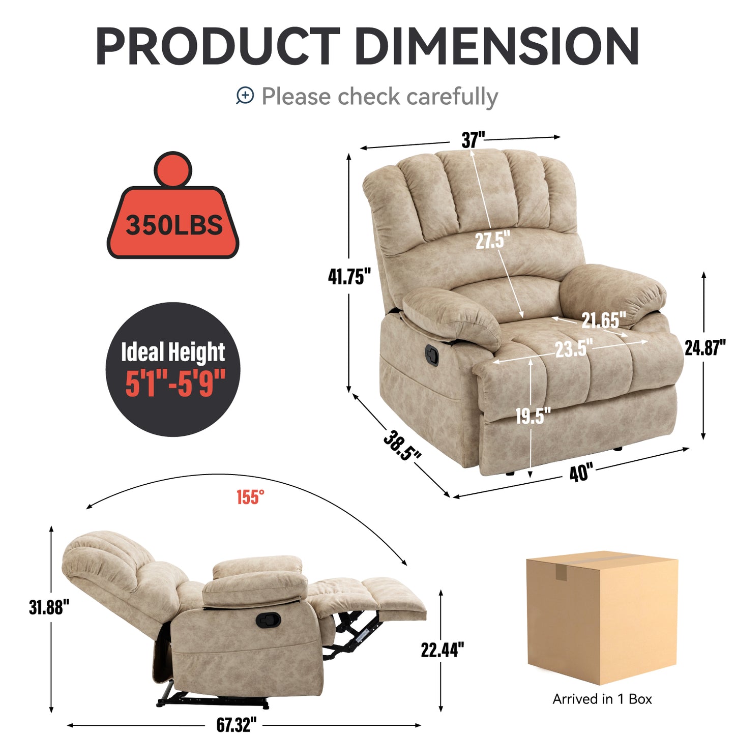 Large Manual Recliner Chair in Fabric for Living Room, Beige image 8