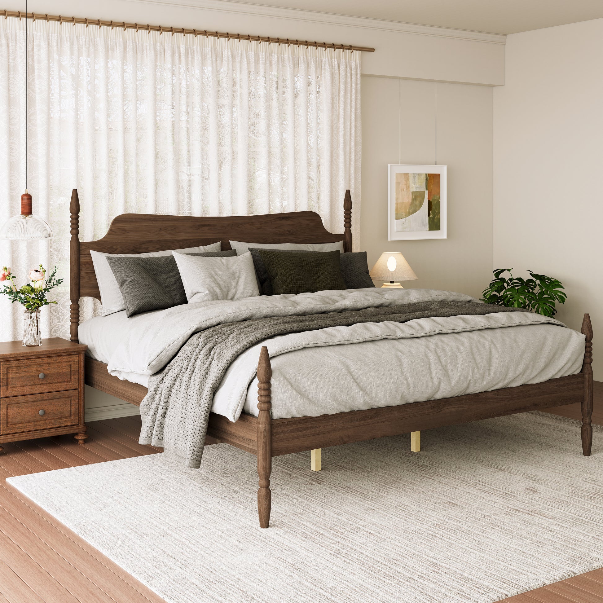 (ETA:6.4-NJ:120) King Size Platform Bed Frame, Spindle Bed with Curved Tall Headboard, No Box Spring Needed, Retro Four Poster Bed, Walnut image 3