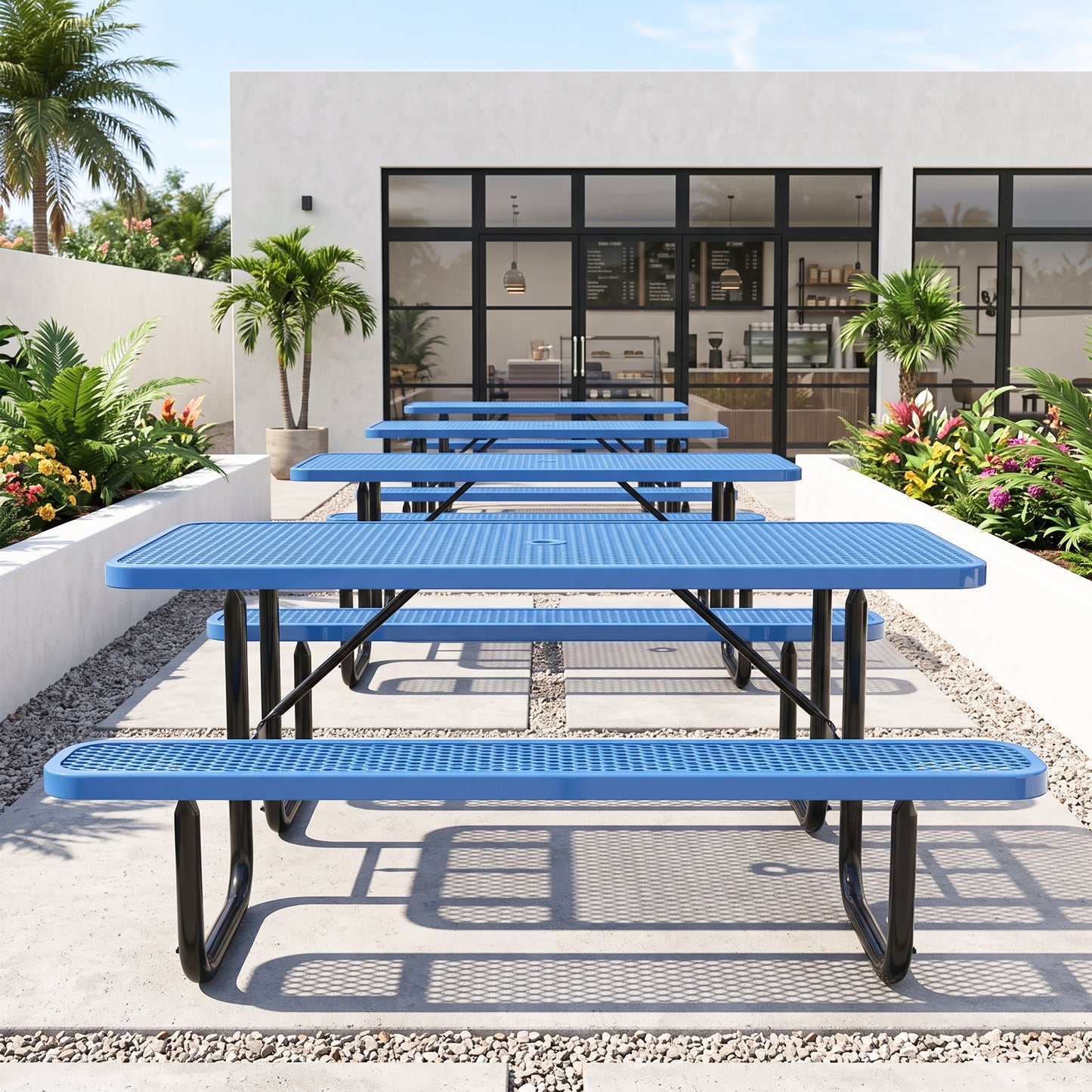 Blue 6ft Long Table & Chair Set with Umbrella Hole image 6