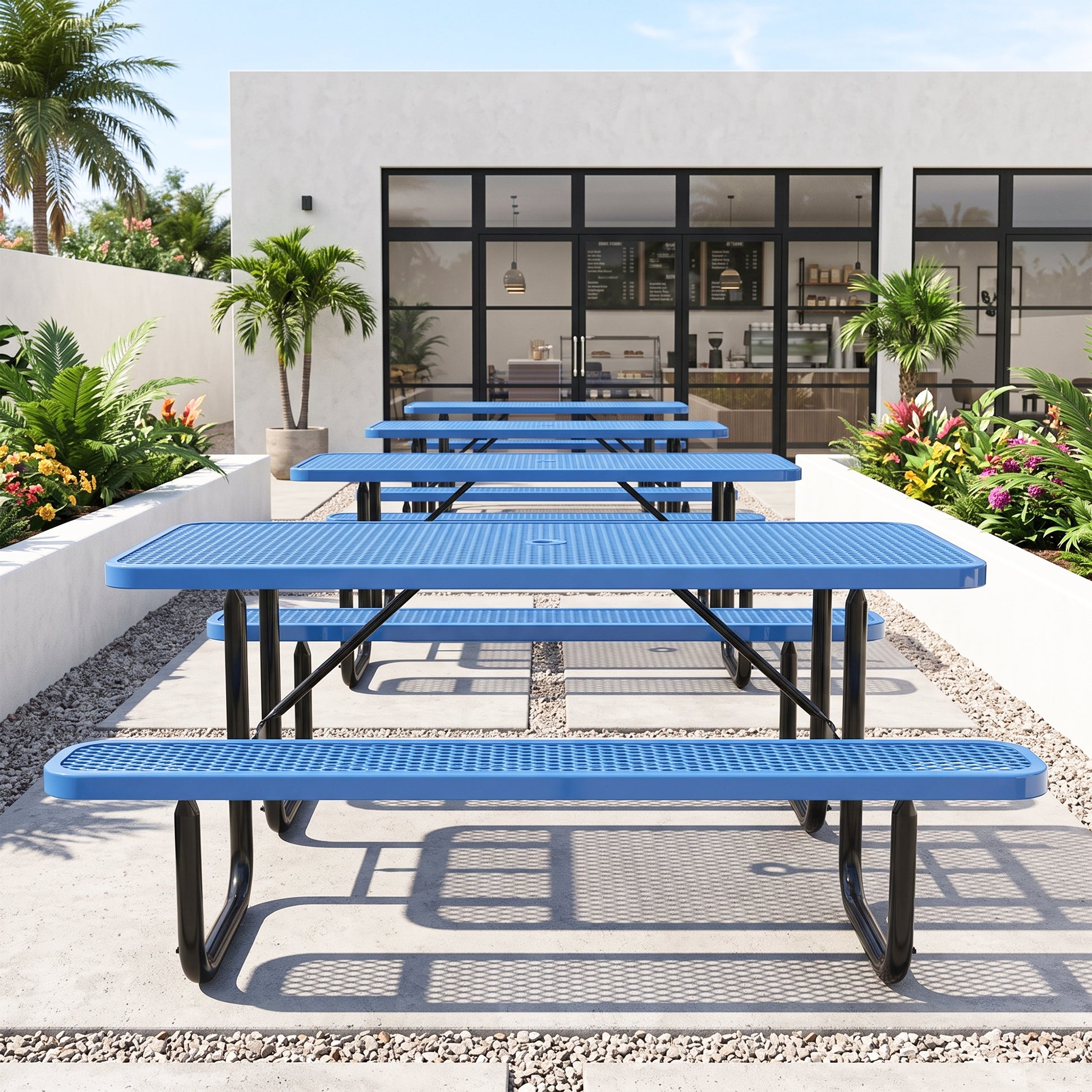 Blue 6ft Long Table & Chair Set with Umbrella Hole image 6