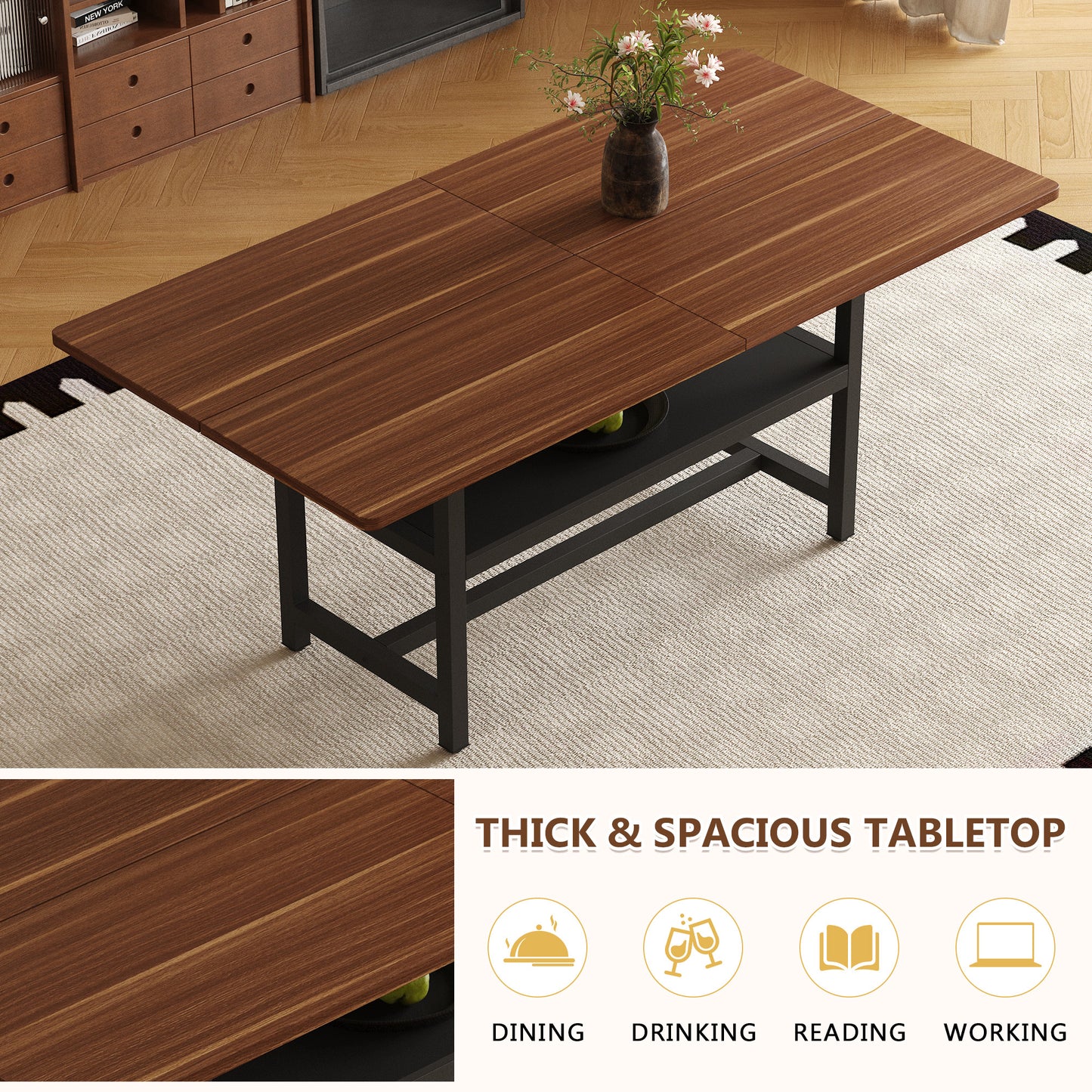 Table and chair set.71 inch long fashionable walnut grain dining table, a practical choice to add color to the home.Paired with 6 Black PU Chairs With C-tube Black Metal Chair Legs. image 6