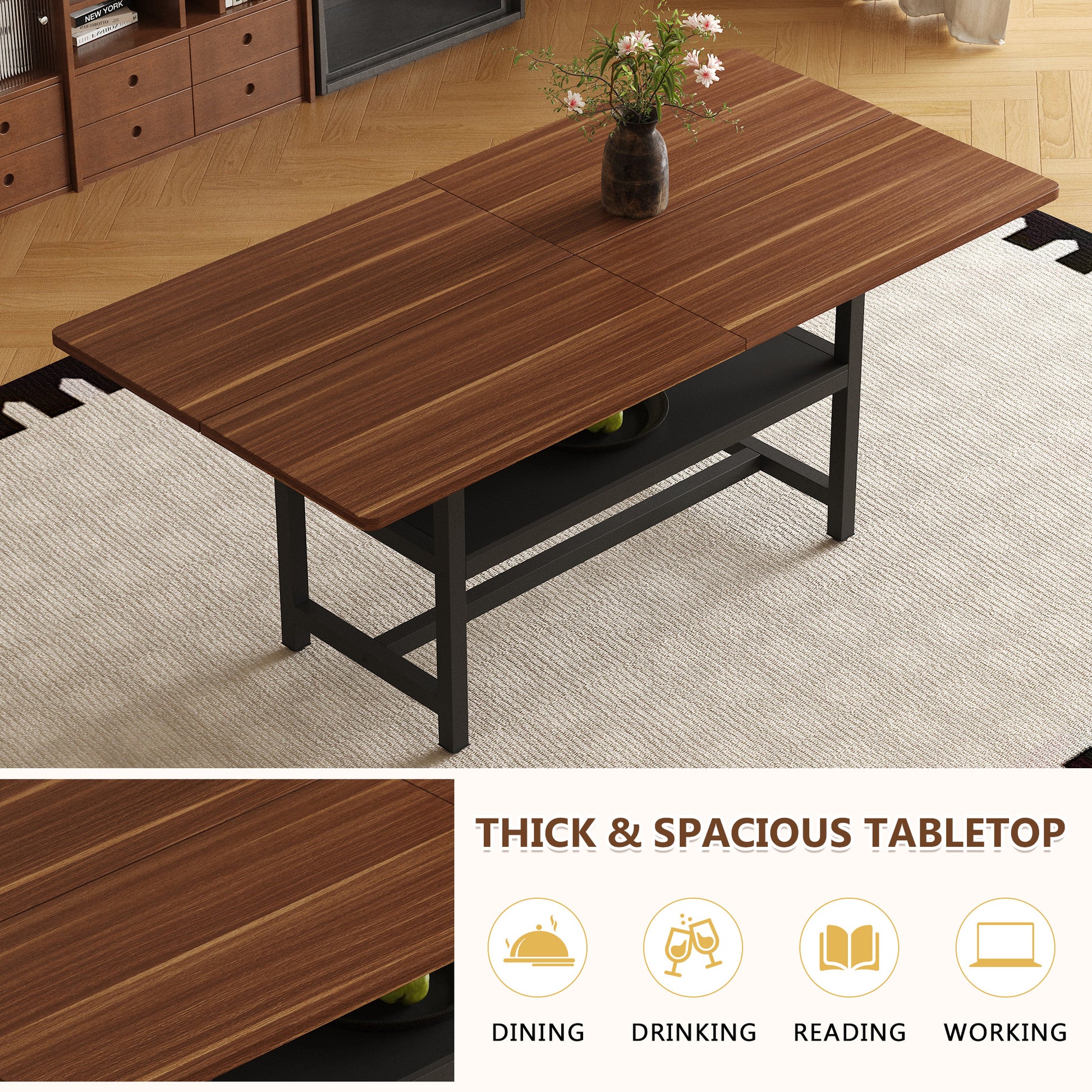 Table and chair set.71 inch long fashionable walnut grain dining table, a practical choice to add color to the home.Paired with 6 Black PU Chairs With C-tube Black Metal Chair Legs. image 6