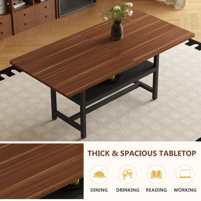 Table and chair set.71 inch long fashionable walnut grain dining table, a practical choice to add color to the home.Paired with 6 Black PU Chairs With C-tube Black Metal Chair Legs. image 6