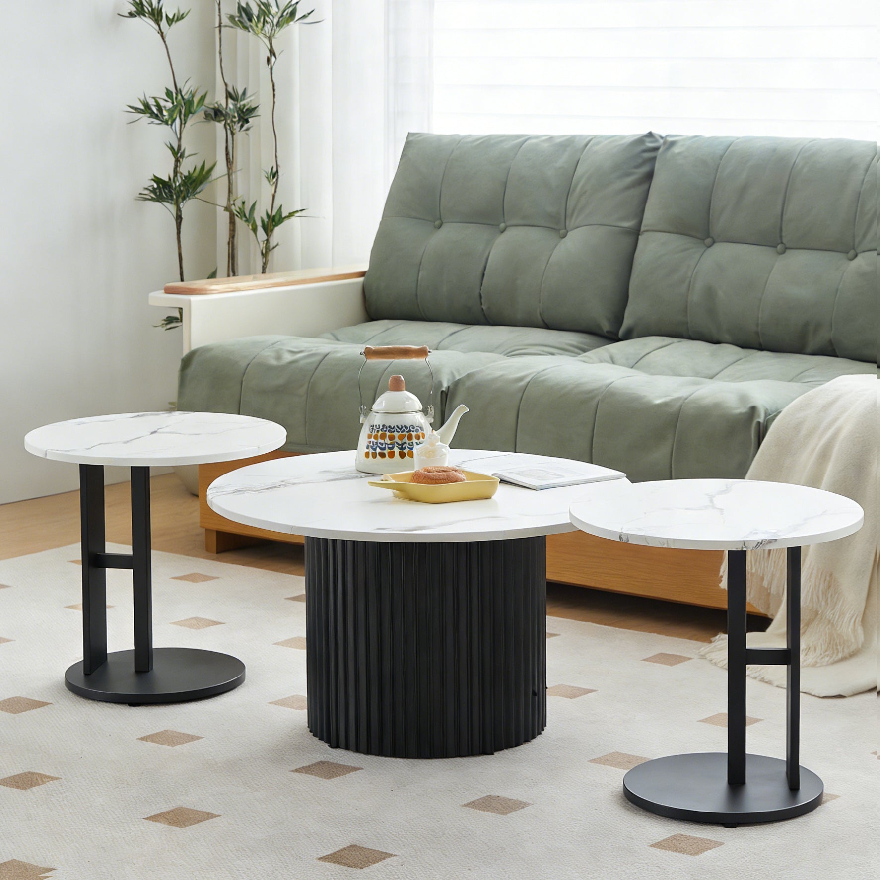 Coffee Table Set of 3, Modern Nesting Coffee Tables with Faux Marble Top and Metal Legs, Round Coffee & Side Tables with Ribbed Design for Living Room, Small Space Apartment image 9