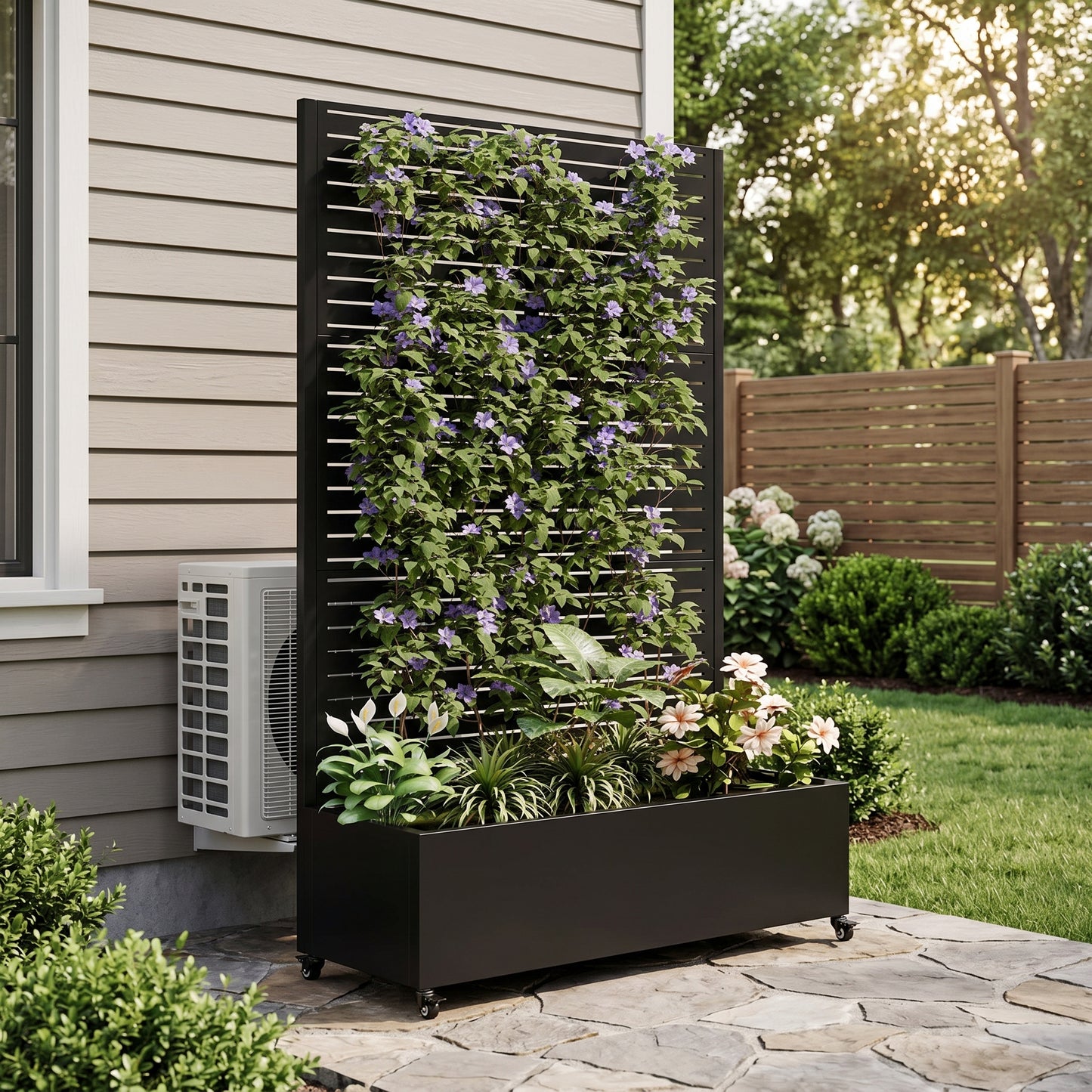Metal Planter Box with Trellis, 73"x35"x16 Metal Raised Garden Bed with Trellis, Metal Planter Box with Drainage Holes & Lockable Wheels & Privacy Screen for Climbing Plants, Vegetables, Vines image 2