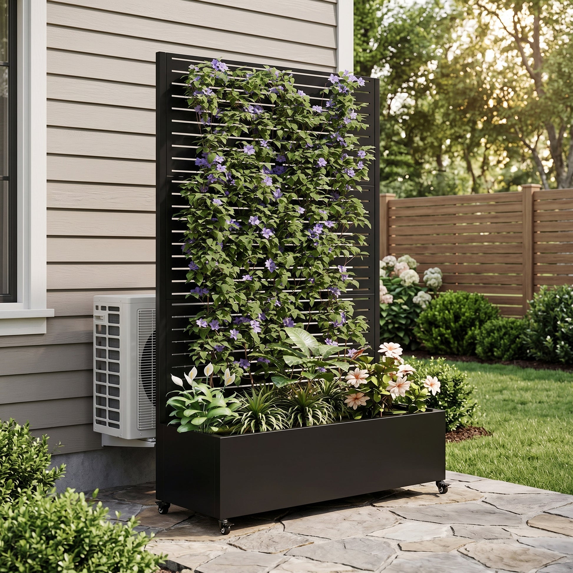 Metal Planter Box with Trellis, 73"x35"x16 Metal Raised Garden Bed with Trellis, Metal Planter Box with Drainage Holes & Lockable Wheels & Privacy Screen for Climbing Plants, Vegetables, Vines image 2