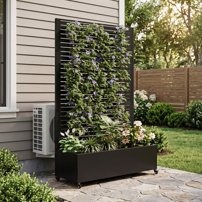 Metal Planter Box with Trellis, 73"x35"x16 Metal Raised Garden Bed with Trellis, Metal Planter Box with Drainage Holes & Lockable Wheels & Privacy Screen for Climbing Plants, Vegetables, Vines image 2