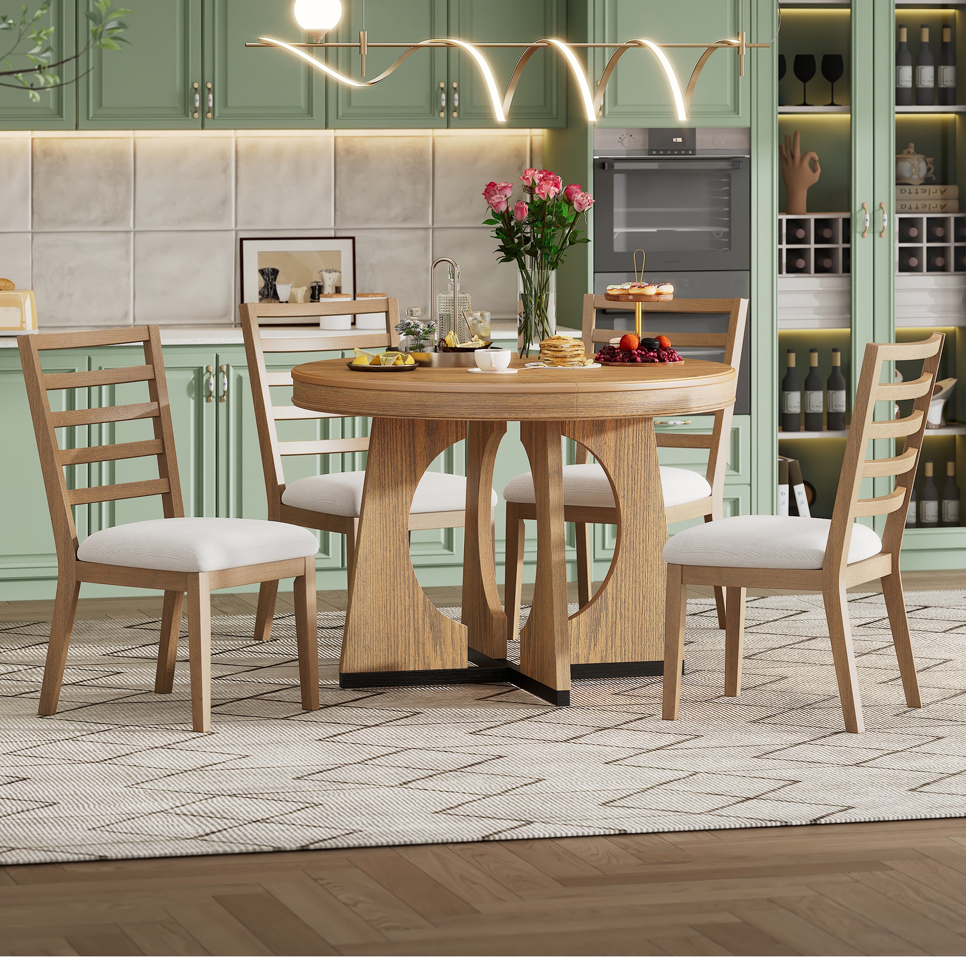 TREXM Round Dining Table for 4 with Chairs Set, Extendable Dining Table Set with 16" Removable Middle Leaf, 5 Piece Retro Dining Table Set Unique Geometric Design for Kitchen, Dining Room (Natural) image 4