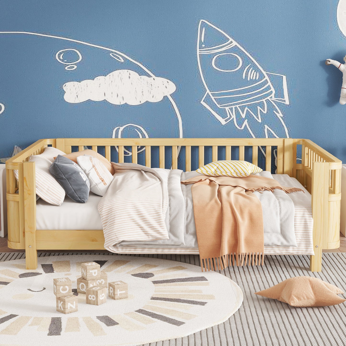 Full Size Wood Platform Bed for Kids, Wood Low Profile Full Bed with Rails for Girls and Boys, Natural (Patented Design,Expect Arrival Date 2026/5/11 Old SKU W2593P233781) image 4