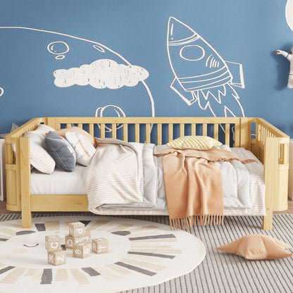 Full Size Wood Platform Bed for Kids, Wood Low Profile Full Bed with Rails for Girls and Boys, Natural (Patented Design,Expect Arrival Date 2026/5/11 Old SKU W2593P233781) image 4