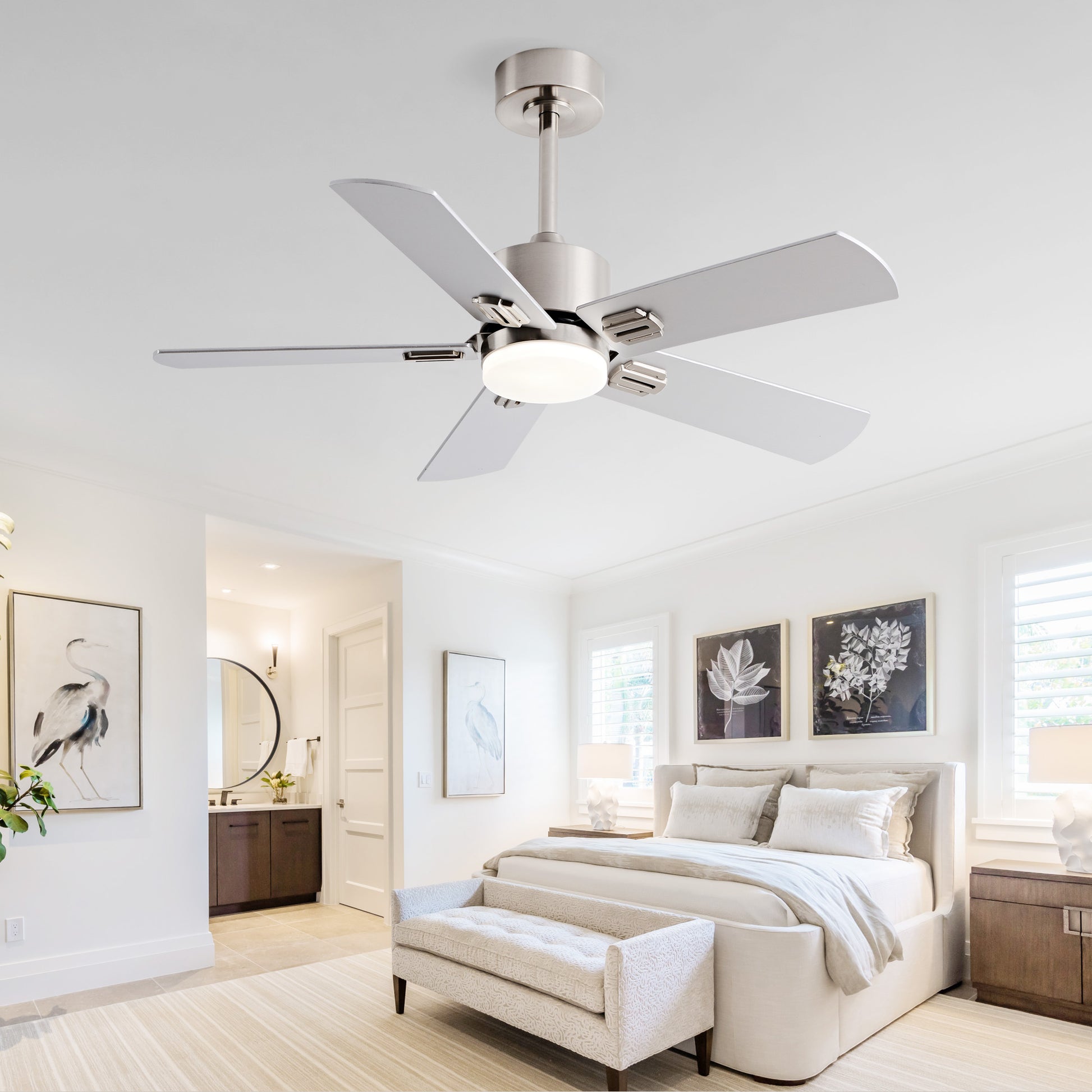 42-Inch Ceiling Fan with Light and Remote Control, Low Profile Modern Ceiling Fan with Light for Bedroom, 5 Blades, Dimmable LED Light, Reversible 6-Speed Motor, Memory Function, Quiet DC Motor image 1