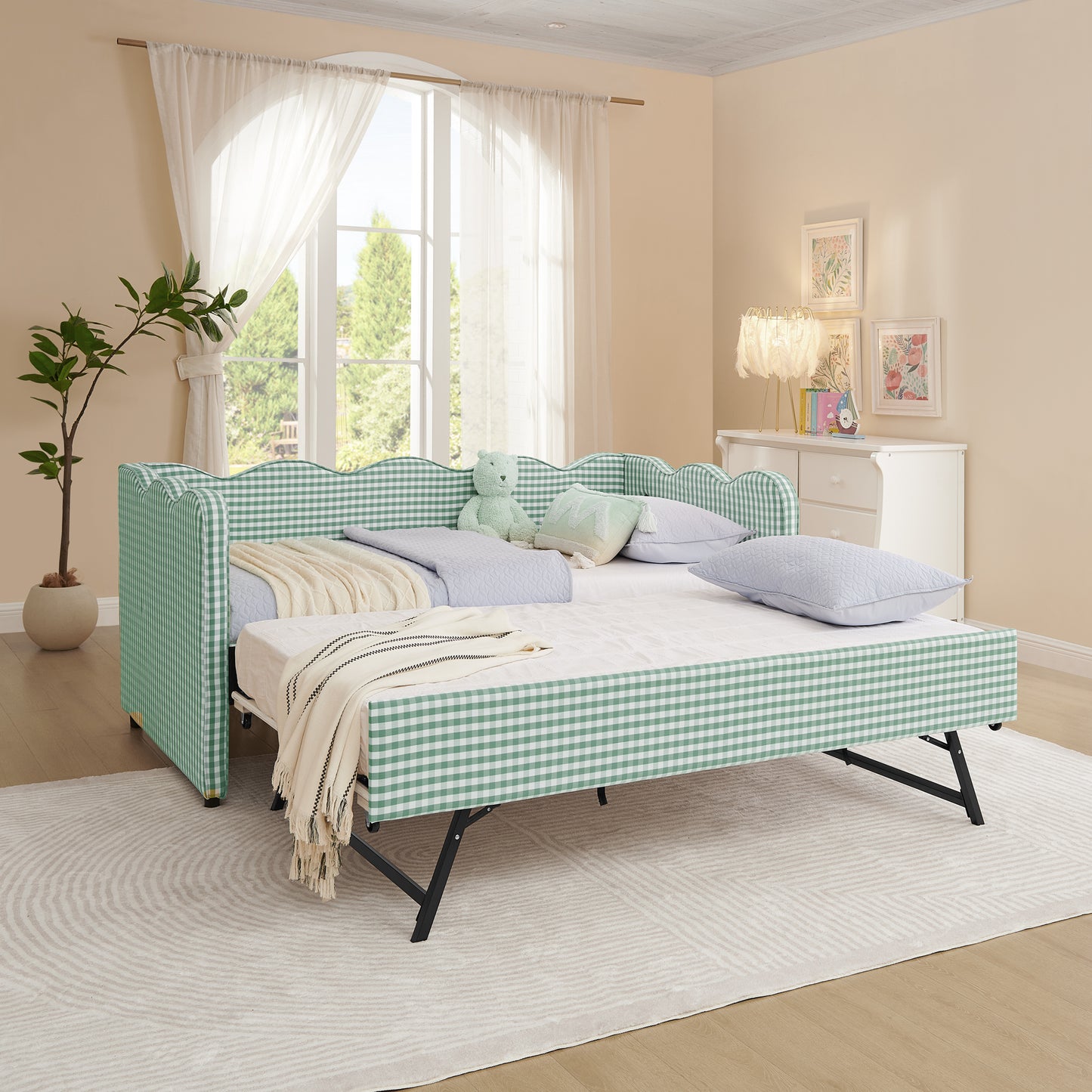 Cozy Gingham Daybed with Trundle Twin Size Sofa Bed No Box Spring Needed, with USB Port and Adorable Wave Shaped, Linen Fabric image 1