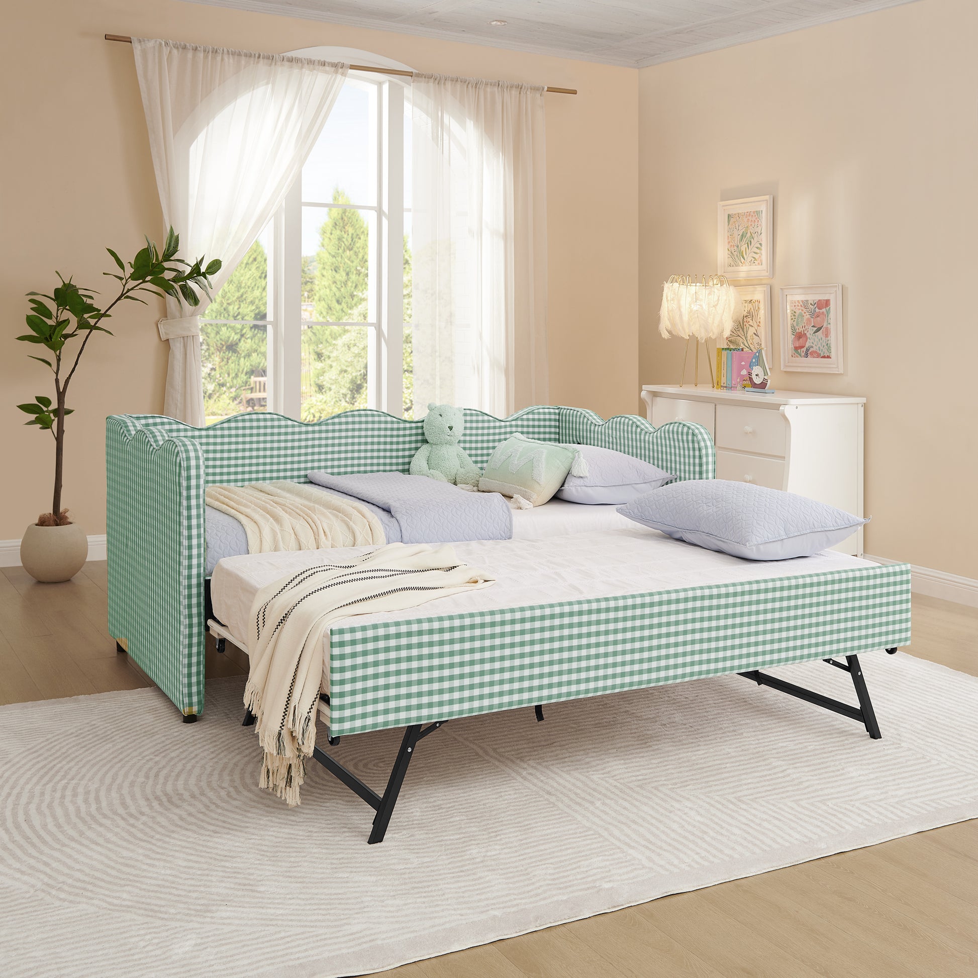 Cozy Gingham Daybed with Trundle Twin Size Sofa Bed No Box Spring Needed, with USB Port and Adorable Wave Shaped, Linen Fabric image 1