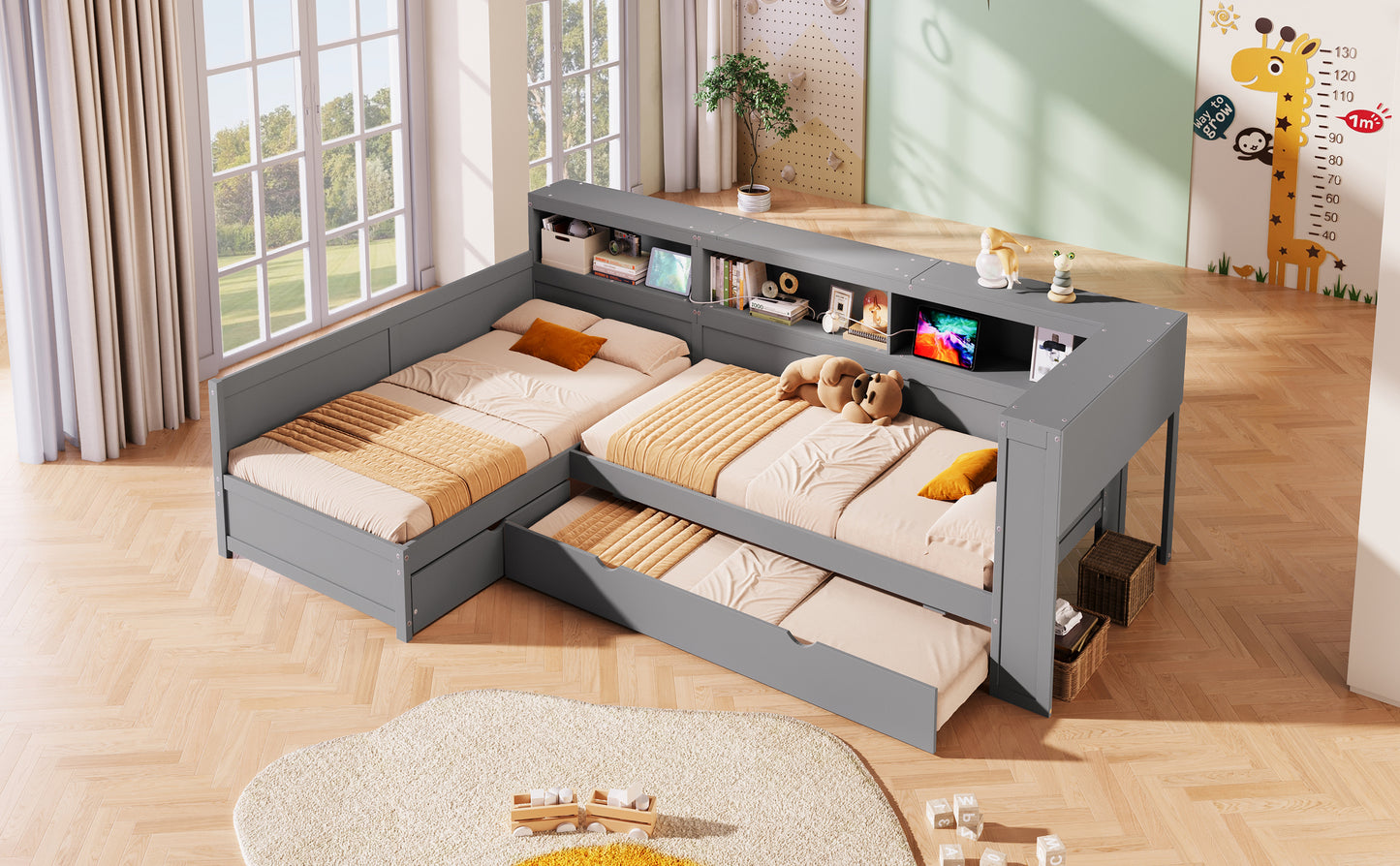 Wood Twin Size L-shaped Platform Bed with Trundle and a Drawer, Grey(Old SKU:N7090001045E) image 7