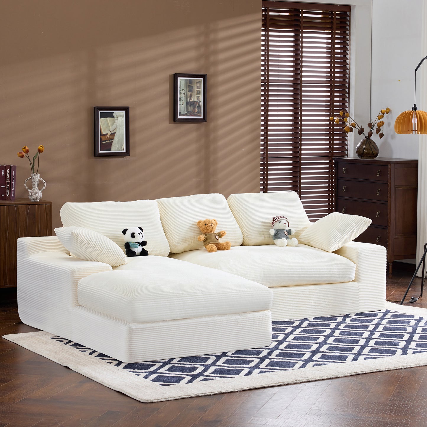 White corduroy compressed sofa. It has a soft and skin-friendly sitting feel, adding a healing atmosphere to the warm living room. It comes with 3 back cushions and 2 throw pillows. image 5