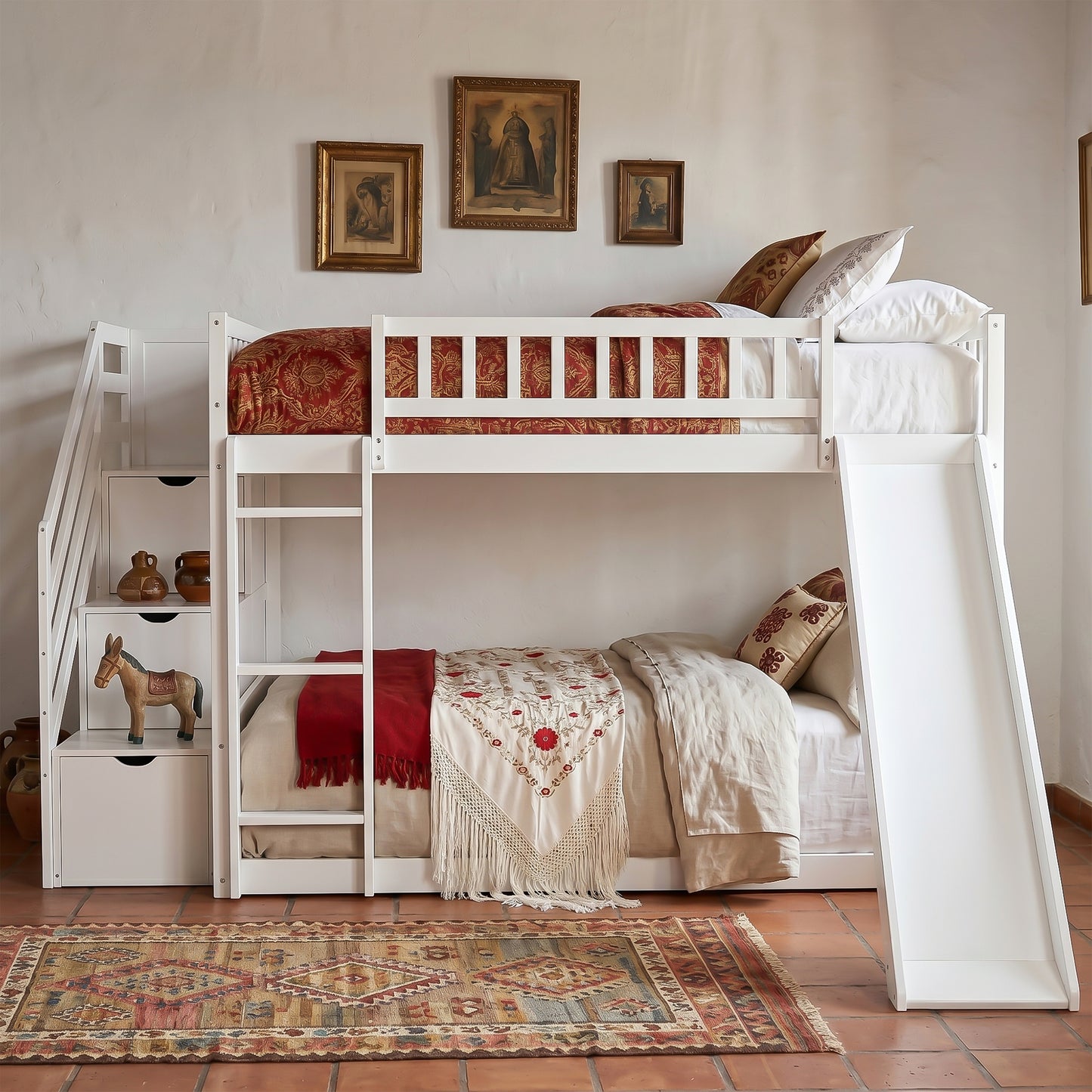 Stairway Full over Full Bunk Bed with Three Drawers and Slide, White image 1
