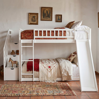 Stairway Full over Full Bunk Bed with Three Drawers and Slide, White image 1