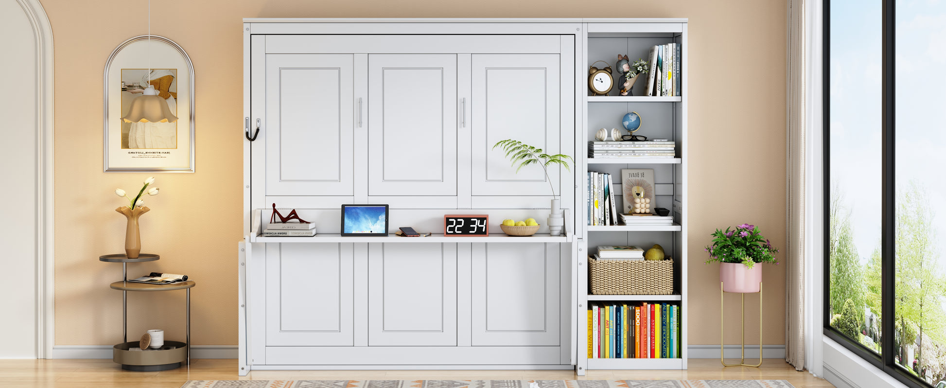 Queen Size Murphy Bed with Desk and Bookshelf, White image 7