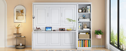 Queen Size Murphy Bed with Desk and Bookshelf, White image 7