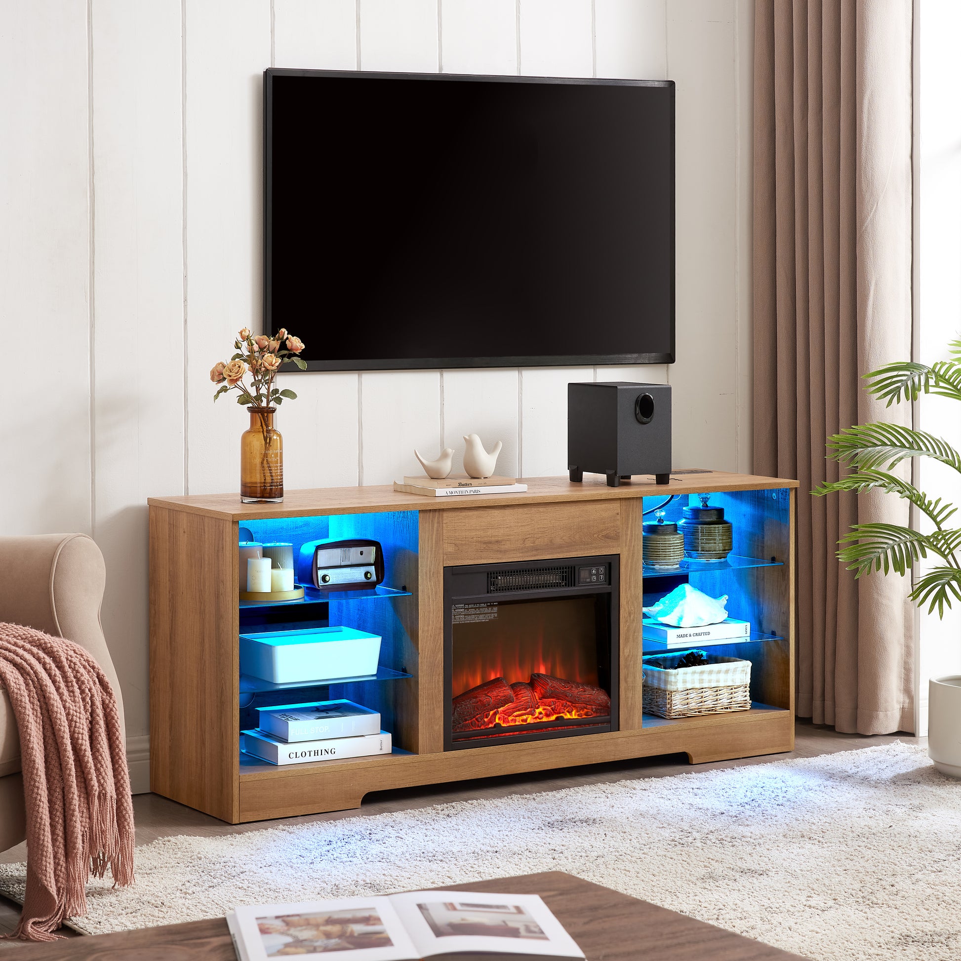 TV Stand Electric Fireplace TV Stand with Glass Shelves, 3D Fireplace TV Stand with LED Lights Wood with USB Charging Outlet Modern Television Table Center for TV up to 32-62" OAK 58'W*15.4''D*24.6 image 6