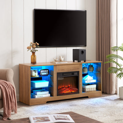 TV Stand Electric Fireplace TV Stand with Glass Shelves, 3D Fireplace TV Stand with LED Lights Wood with USB Charging Outlet Modern Television Table Center for TV up to 32-62" OAK 58'W*15.4''D*24.6 image 6