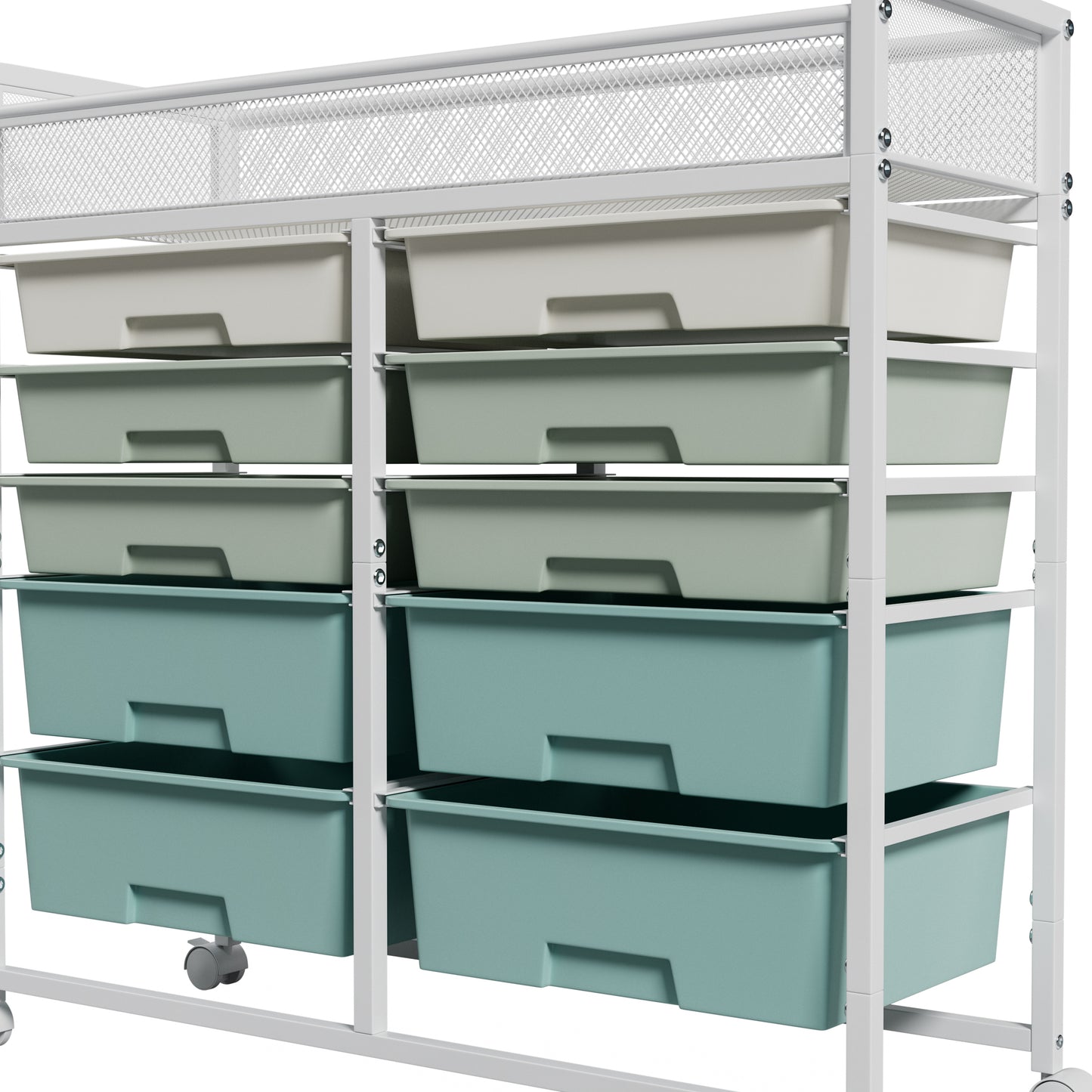 White Large Capacity 2-Row 10-Drawer Rolling Storage Cart, Metal Mesh Top Utility Organizer with Wheels, Multi-Layer Plastic Drawers for Kitchen, Bathroom, Bedroom, Office image 11