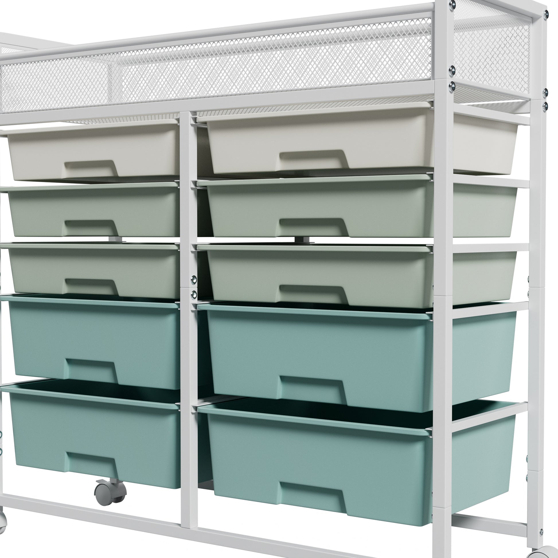 White Large Capacity 2-Row 10-Drawer Rolling Storage Cart, Metal Mesh Top Utility Organizer with Wheels, Multi-Layer Plastic Drawers for Kitchen, Bathroom, Bedroom, Office image 11