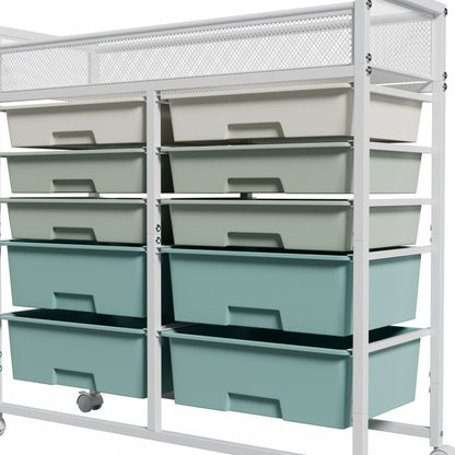 White Large Capacity 2-Row 10-Drawer Rolling Storage Cart, Metal Mesh Top Utility Organizer with Wheels, Multi-Layer Plastic Drawers for Kitchen, Bathroom, Bedroom, Office image 11