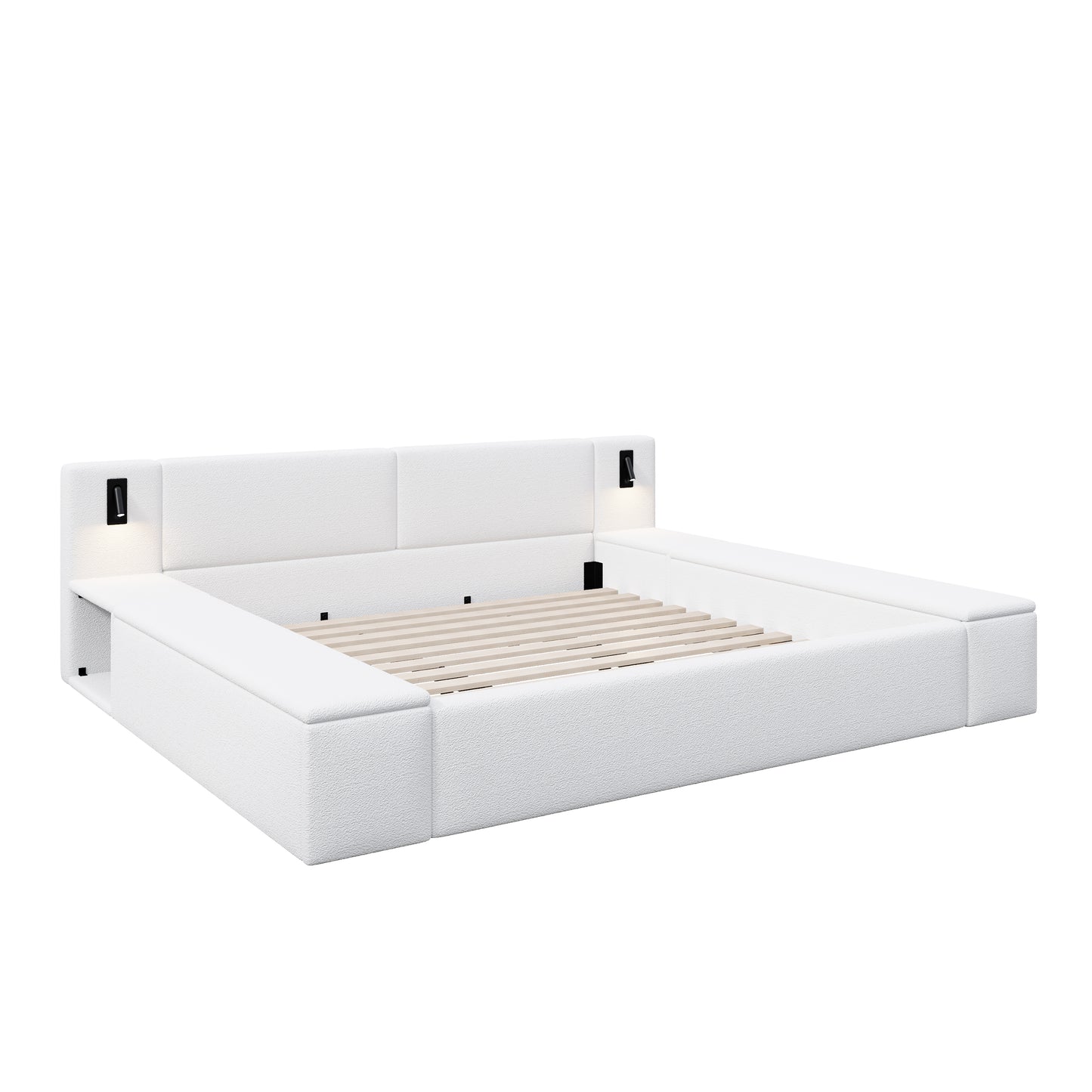 Queen Size Teddy Fleece Upholstered Platform Bed Frame with Massive Hidden Storage, Modern Bouclé Fabric Bed with Built-in Nightstands & LED Reading Lights, Wood Slats, No Box Spring Needed, White image 9